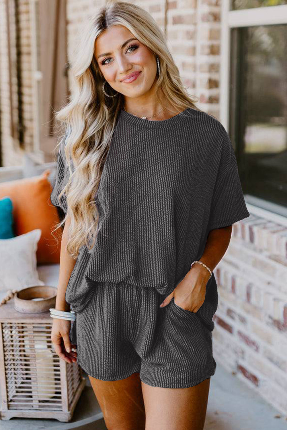 Carbon Grey Ribbed Knit Loose Fit Shorts Set