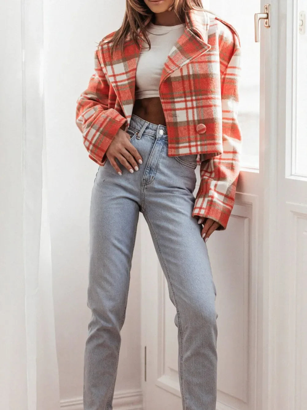 Lapel Collar Plaid Cropped Jacket Bazaare Mart Lapel Collar Plaid Cropped Jacket
