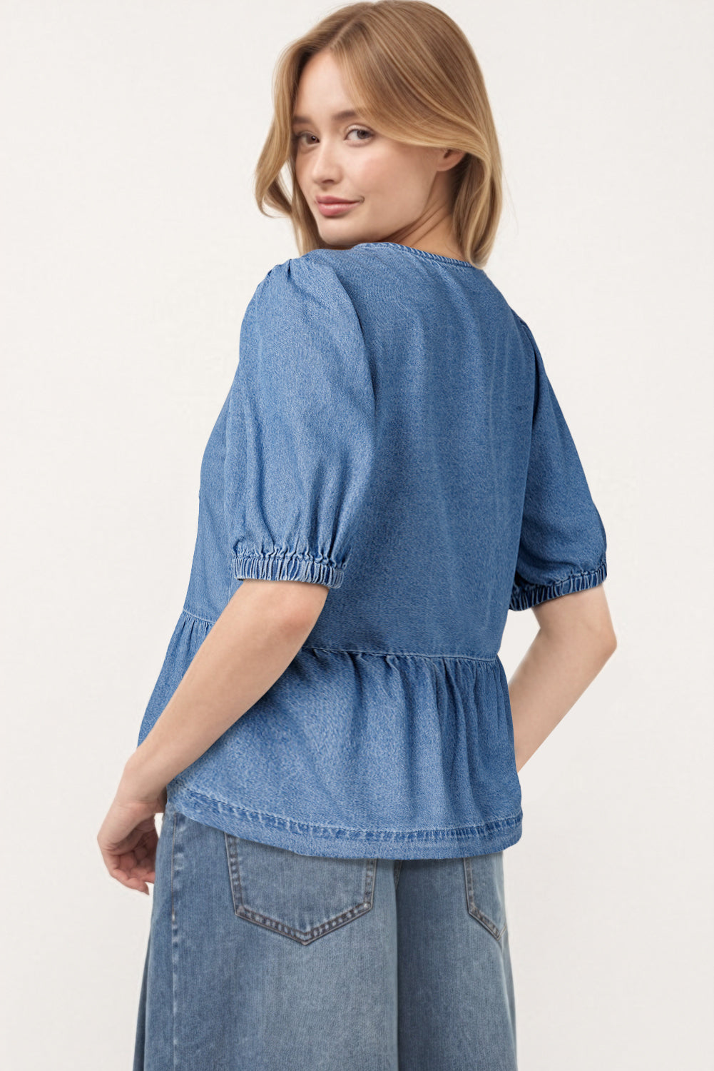 Blue Bow Front Bubble Sleeve Peplum Denim Shirt