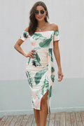 Printed Off-Shoulder Split Dress White Trendsi Off-Shoulder Split Dress