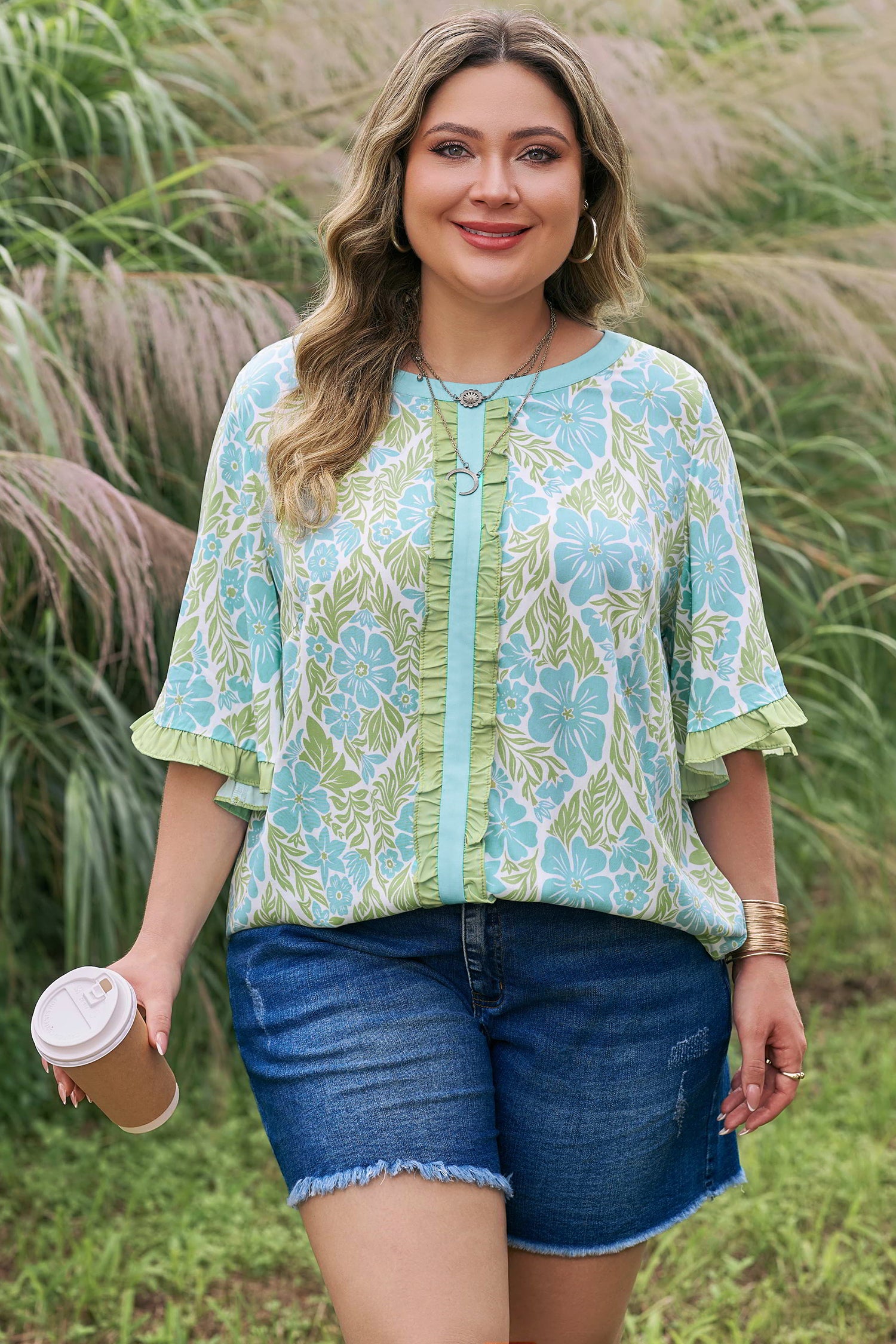 Plus Size Floral Blouse – Sky Blue Frilled Sleeve Color Block Trim Top Dear-Lover Dropshipping Plus Size/Plus Size Tops/Plus Size Blouses & Shirts