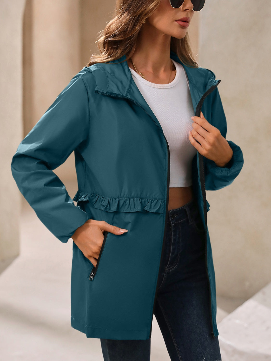 Waterproof Gathered Waist Hooded Jacket