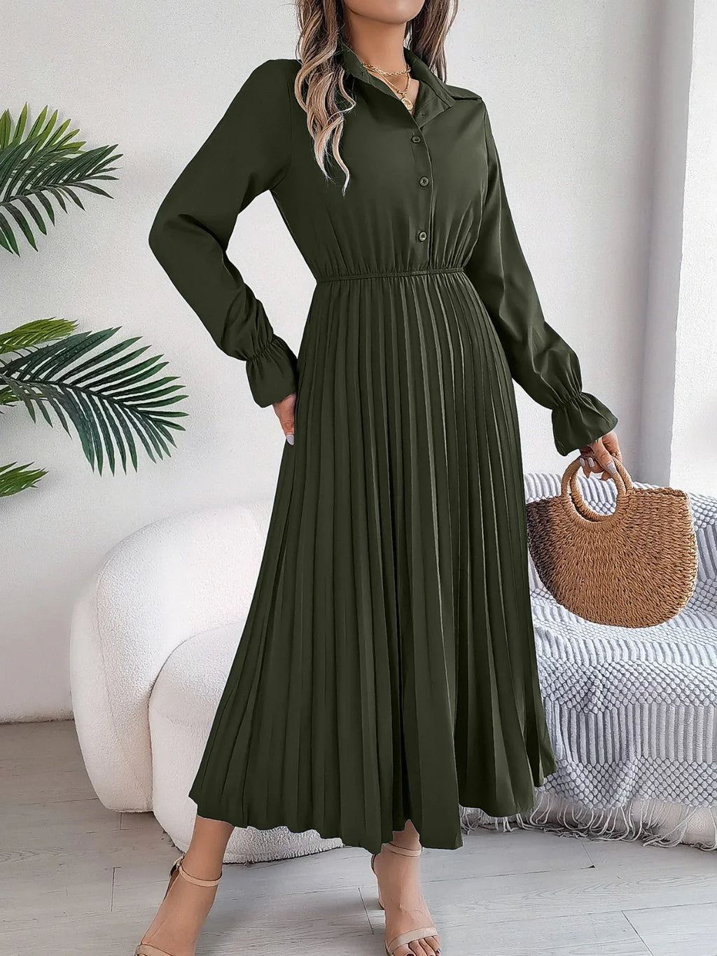 Pleated Half Button Long Sleeve Midi Dress Bazaare Mart Pleated Half Button Long Sleeve Midi Dress