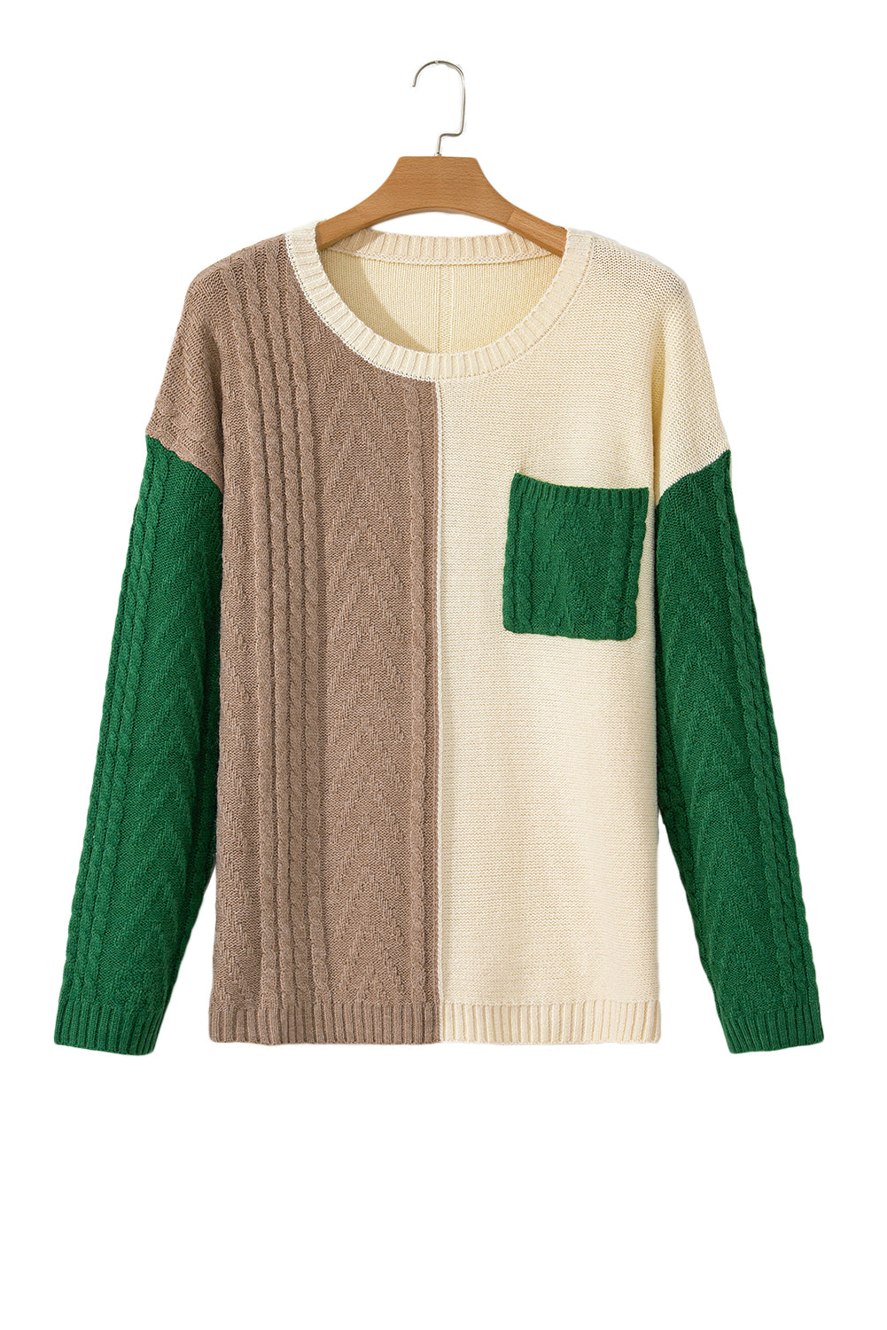 Green Color Block Drop Shoulder Cable Knit Sweater