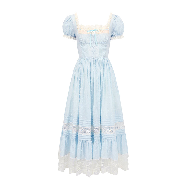 Women's Fashion Casual French Vintage Dresses Blue CJ Dropshipping Vintage Puff Sleeve Square Neck Dress