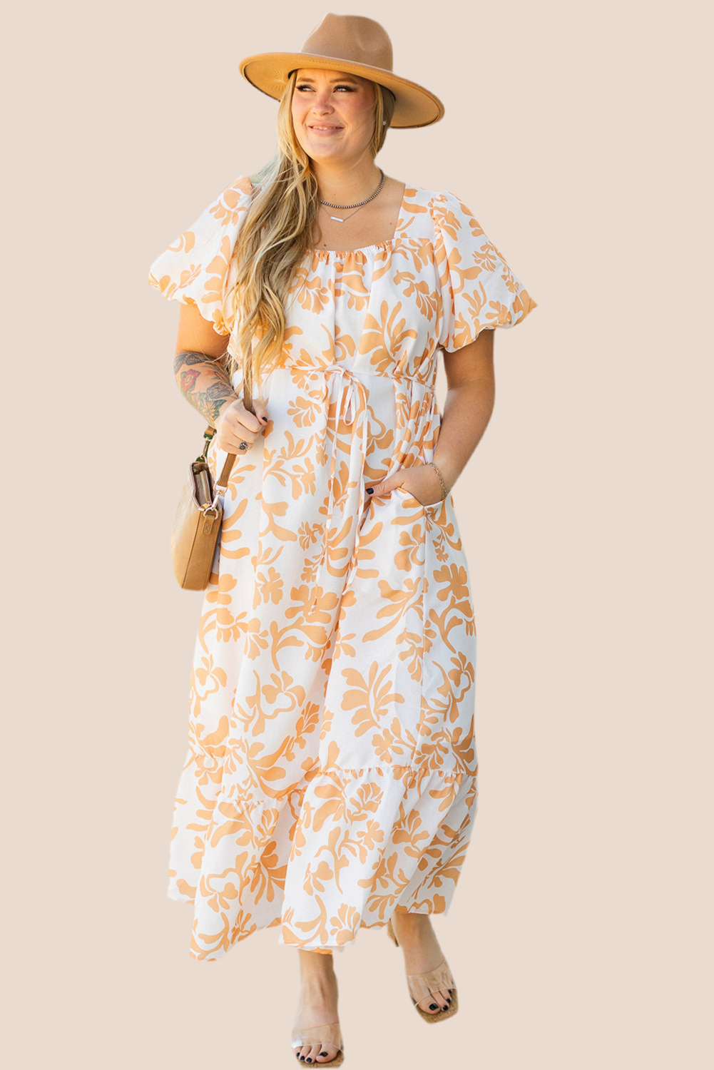Apricot Floral Puff Short Sleeve Plus Size Maxi Dress