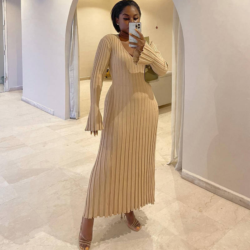 Casual Ribbed V-neck Maxi Dress