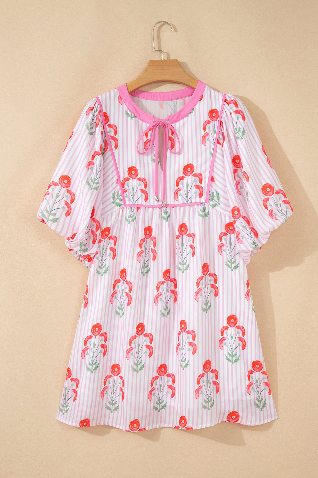Pink Floral Striped Print Tie Notched Neck Puff Sleeve Flared Mini Dress Dear-Lover Dropshipping Dresses/Floral Dresses