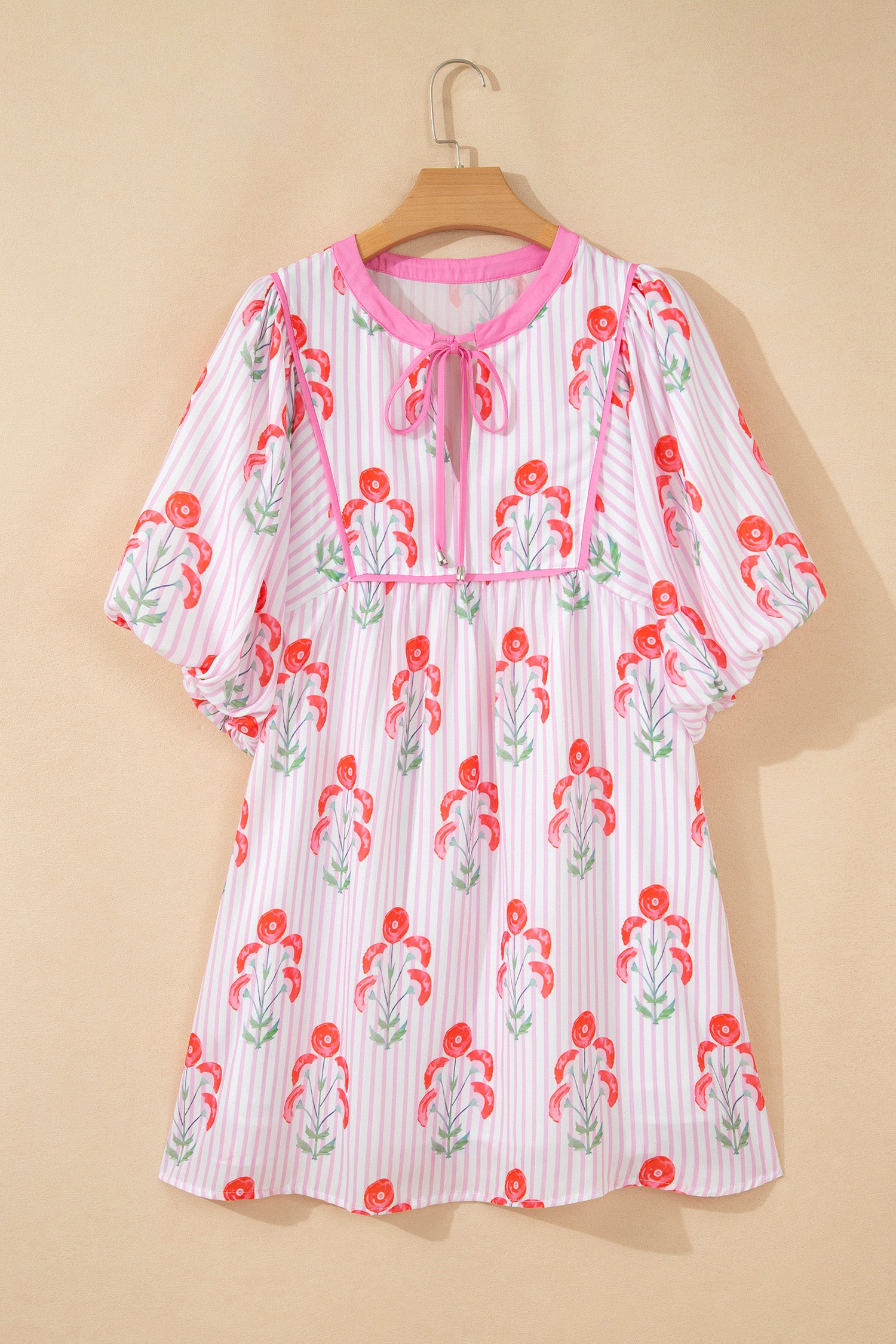 Pink Floral Striped Print Tie Notched Neck Puff Sleeve Flared Mini Dress Dear-Lover Dropshipping Dresses/Floral Dresses
