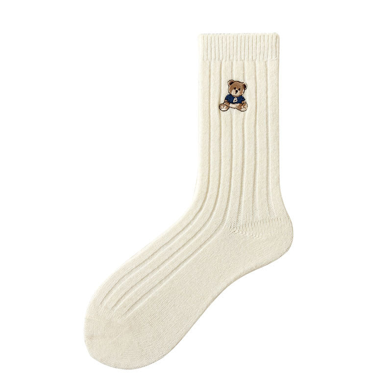 Women's Solid Color Embroidered Bear Socks