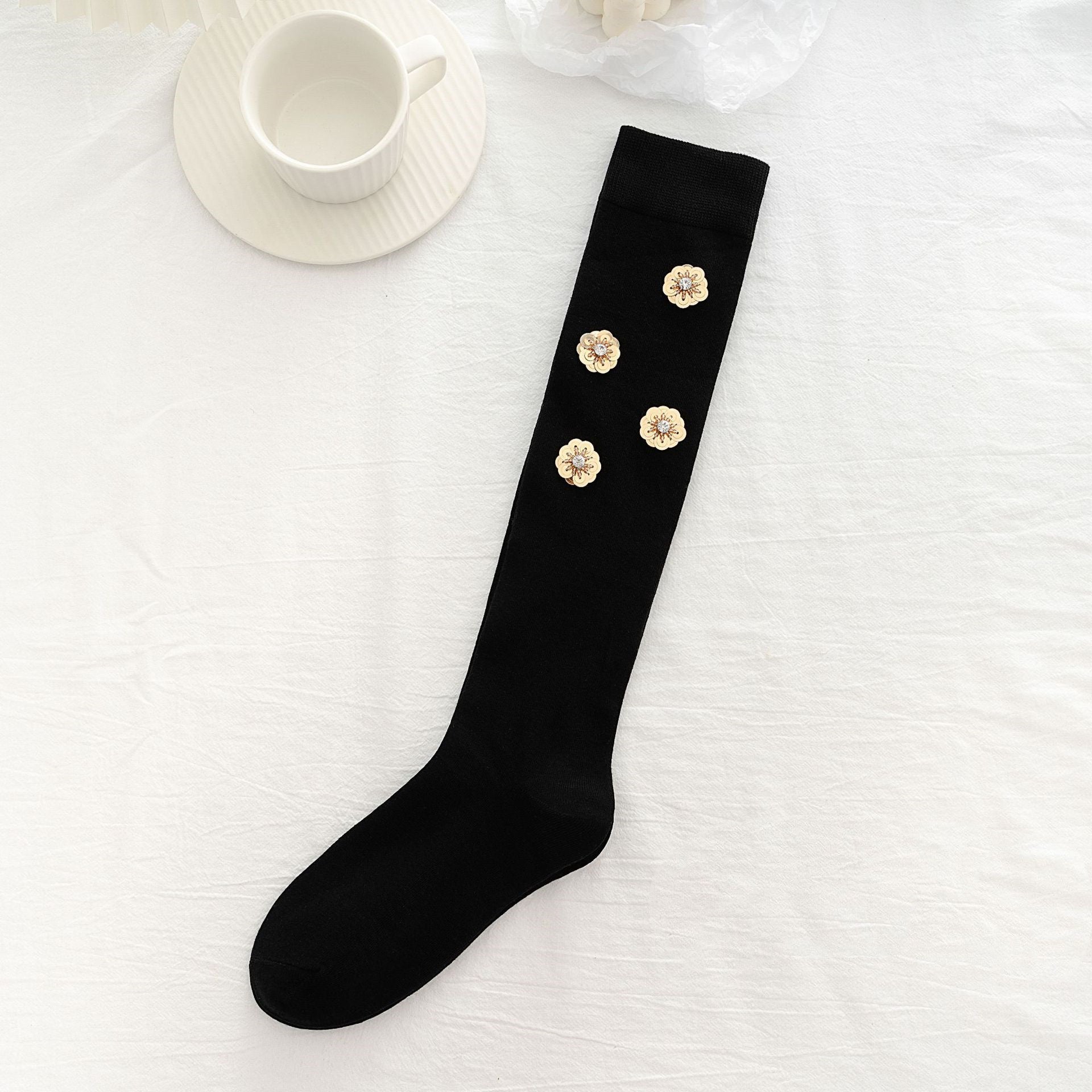 Floral Sequined Bow Knee-High Socks Black gold One size CJ Dropshipping Floral Socks