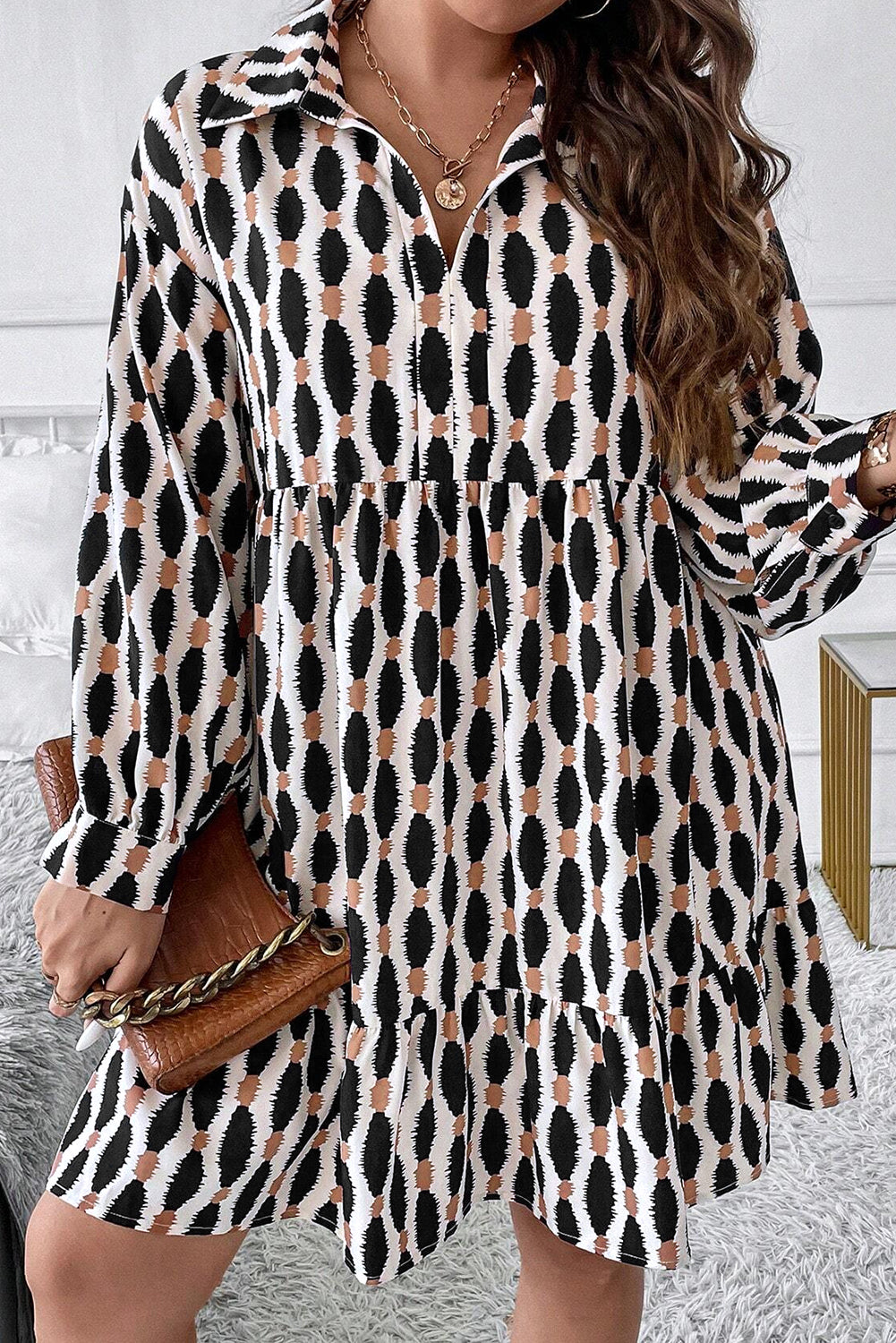 B&W Geo Print Collared V Neck Long Sleeve Plus Size Dress