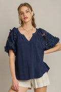 Umgee Plus Size French Terry Boxy Cut Top with 3D Floral Sleeve Dark Navy Bazarre Mart Navy Lace Blouse