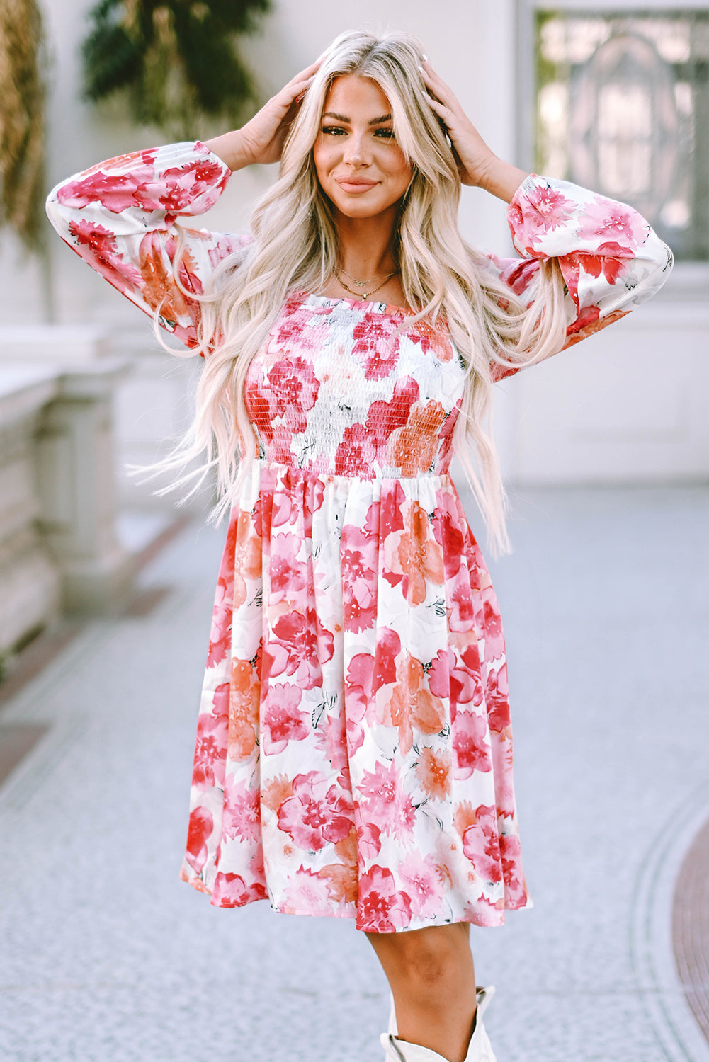 White Floral Print Smocked Long Puff Sleeve Dress