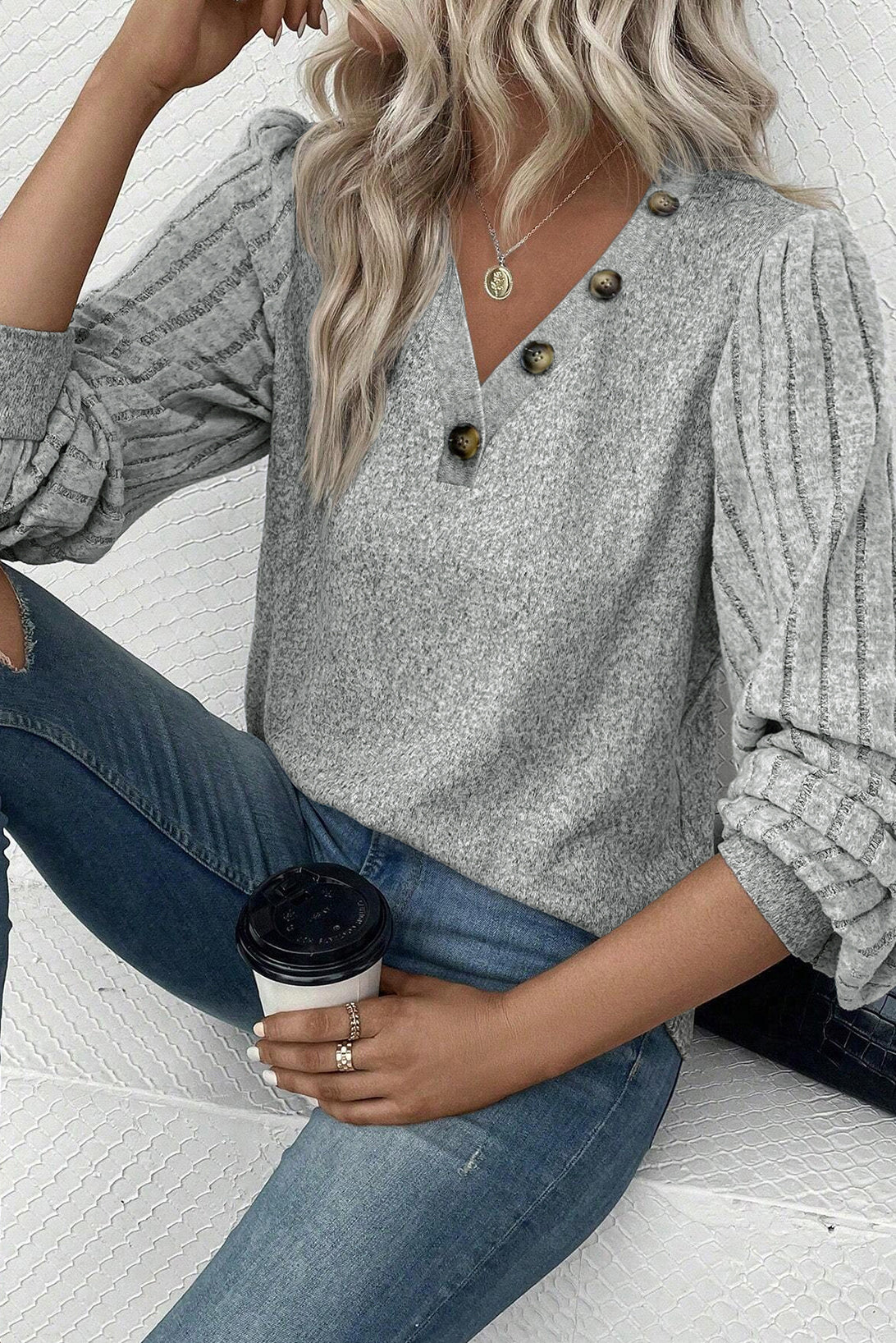 Gray Contrast Ribbed Bishop Sleeve Top