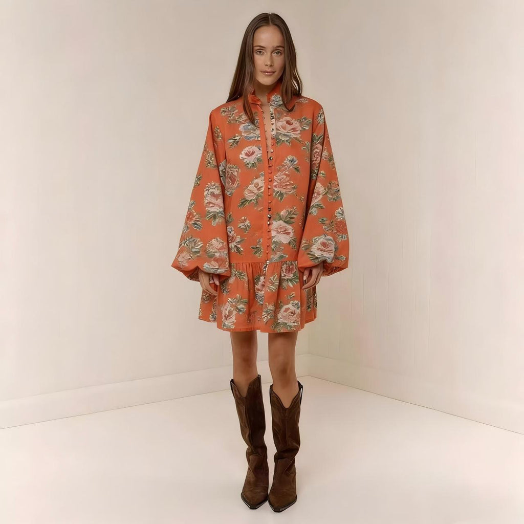 Floral Print Lantern Sleeve Mini Dress Coral CJ Dropshipping Floral Long Sleeve Mini Dress