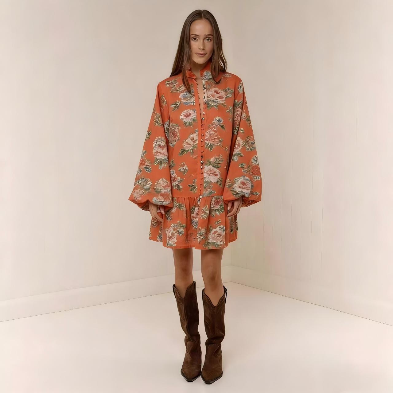 Floral Print Lantern Sleeve Mini Dress Coral CJ Dropshipping Floral Long Sleeve Mini Dress