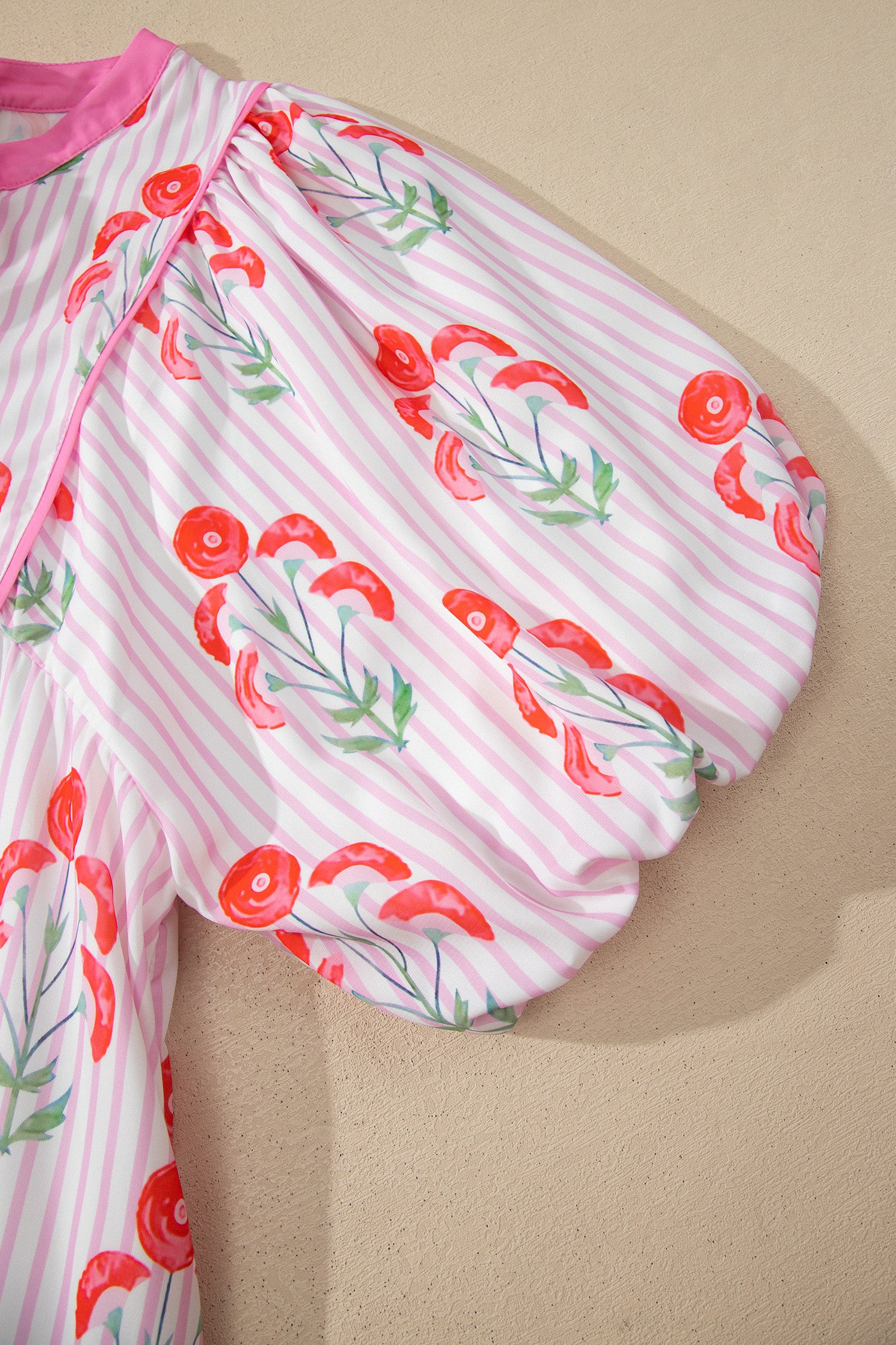 Pink Floral Striped Print Tie Notched Neck Puff Sleeve Flared Mini Dress Dear-Lover Dropshipping Dresses/Floral Dresses