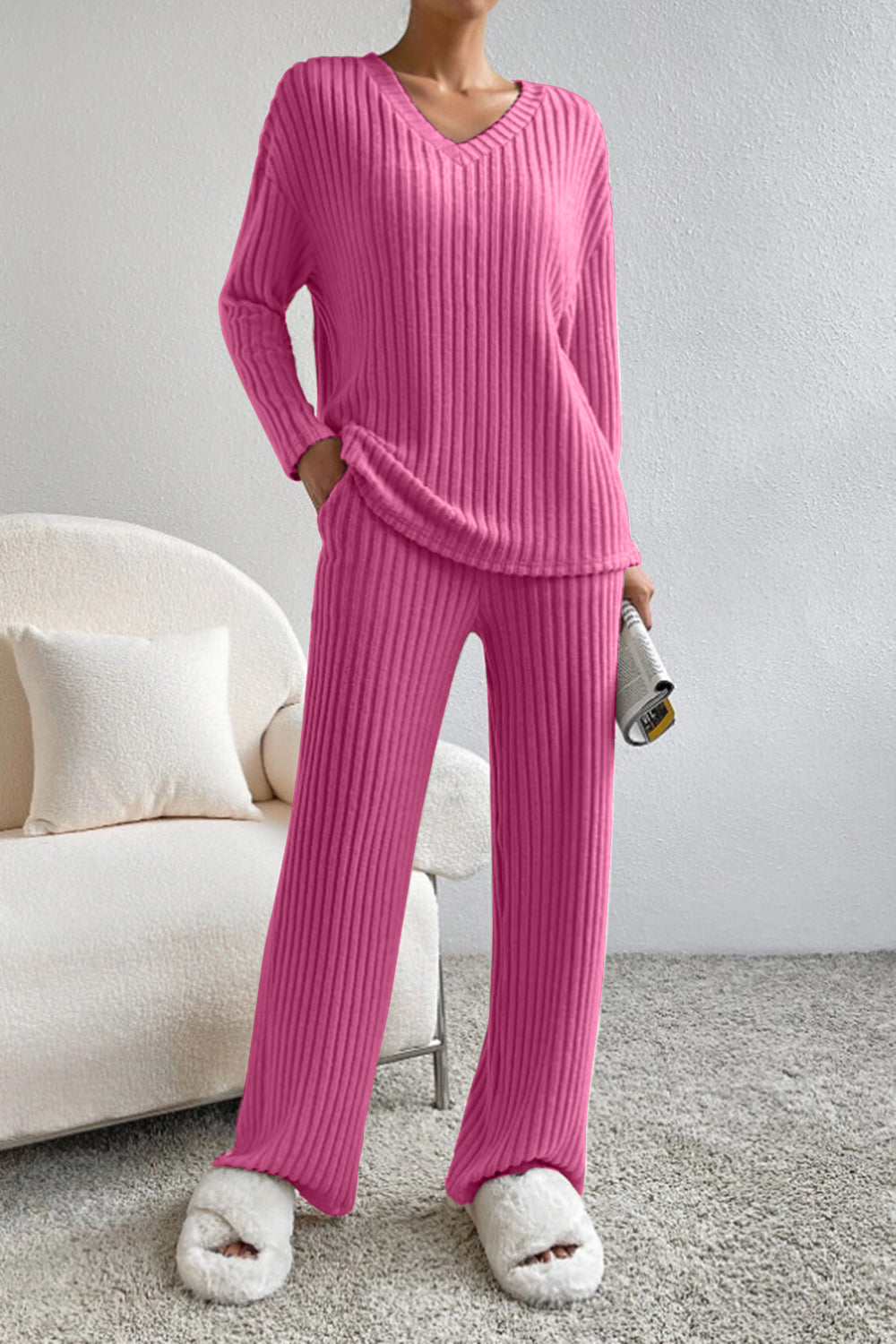 Ladies Pink Ribbed V-Neck Lounge Wear Set