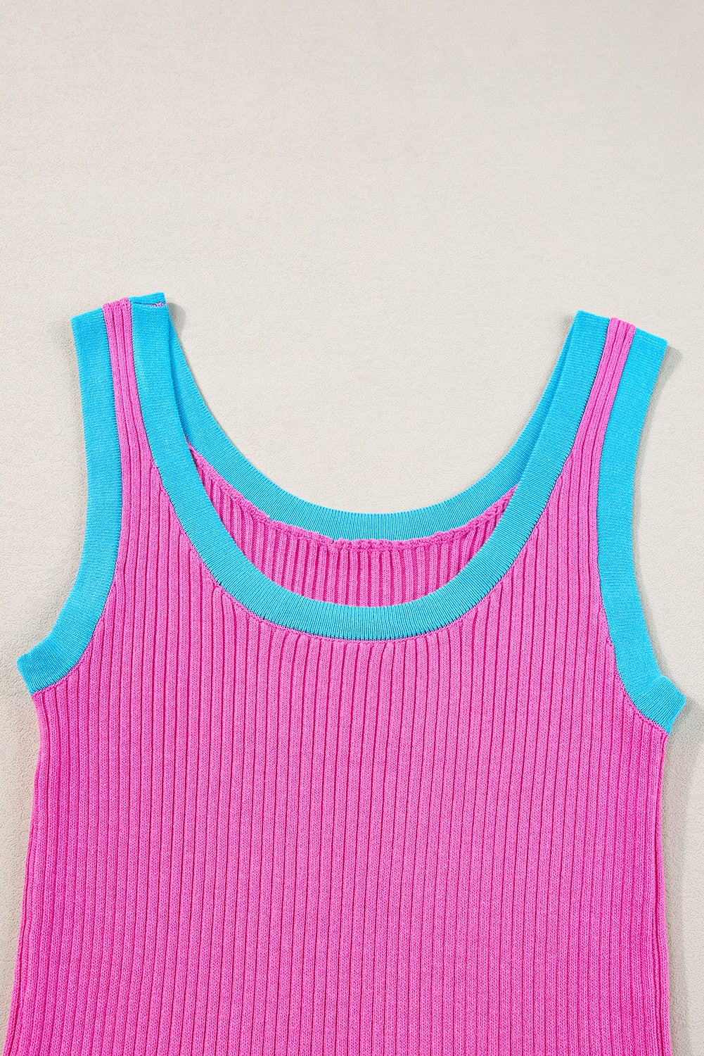 Magenta Colorblock Edge Ribbed Knit U Neck Tank Top