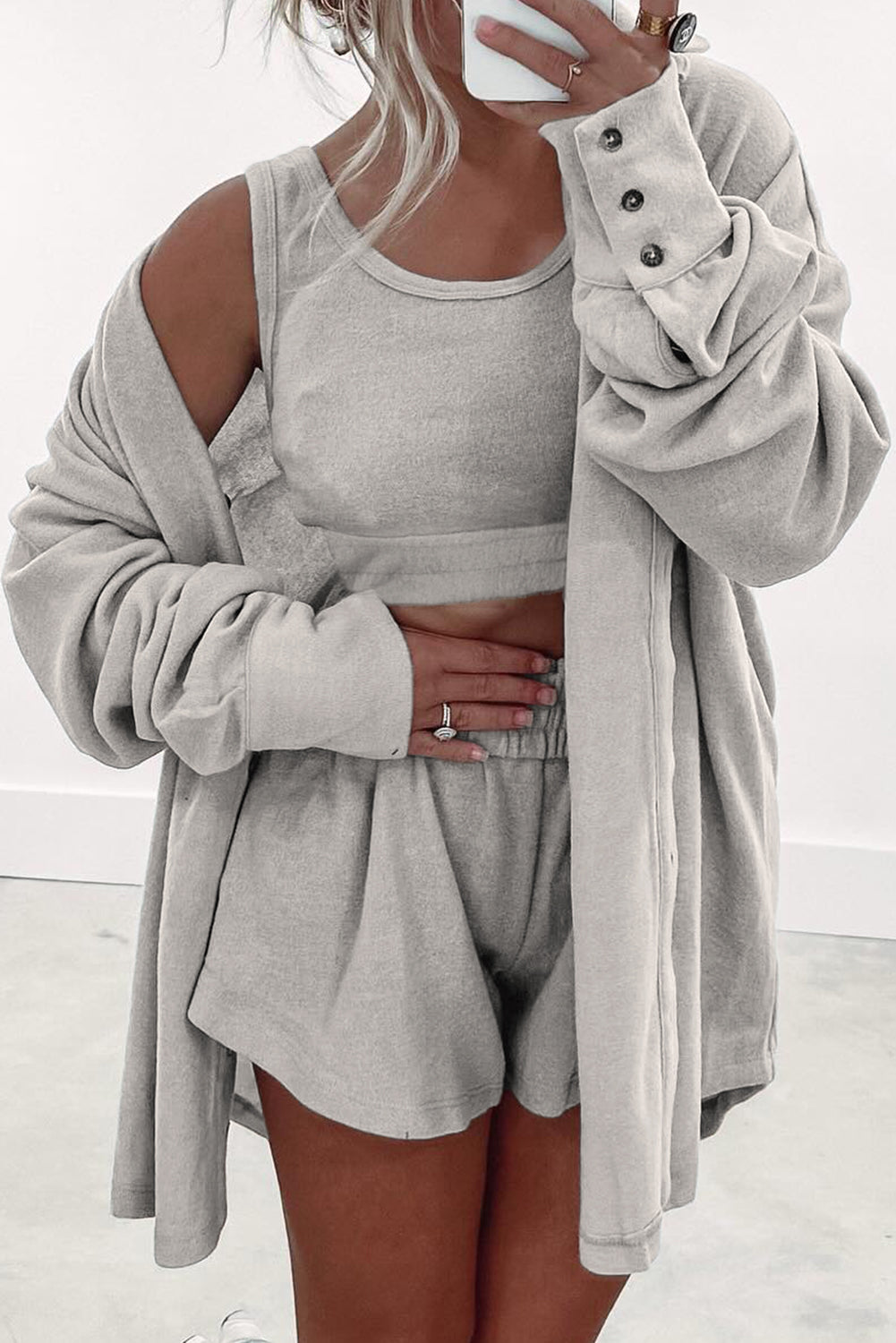 Gray 3 Pc Crop Tank Top Shorts with Cardigan Lounge Set