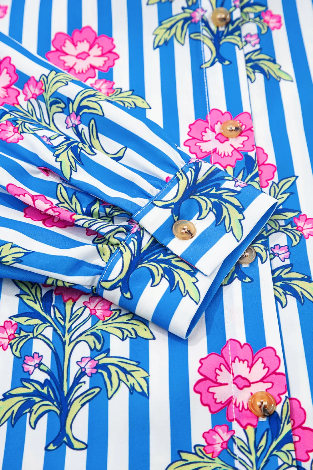 Blue Striped Floral Print Buttoned Cuffs Loose Fit Shirt Bazaare Mart Tops/Blouses & Shirts