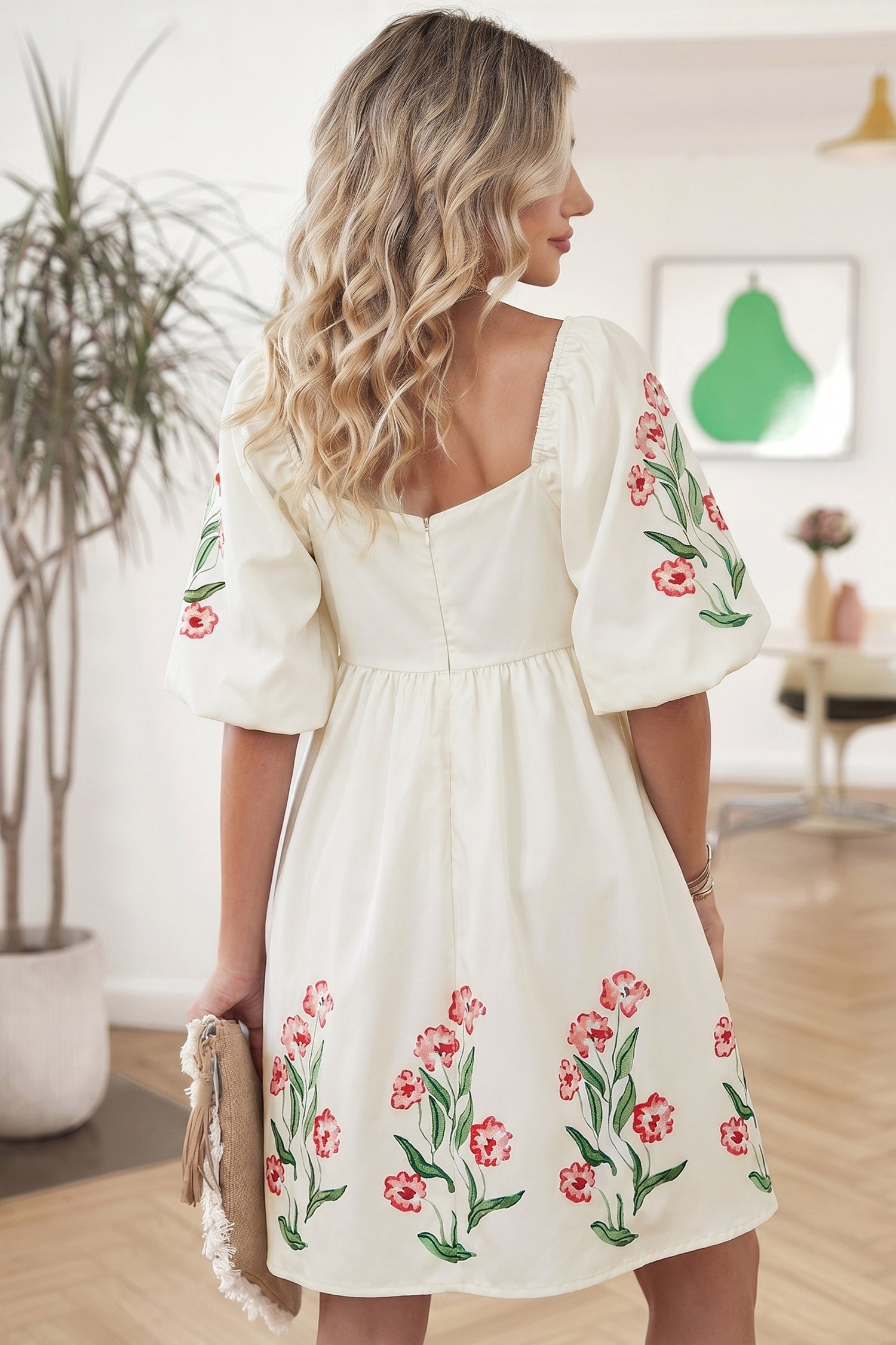 Beige Floral Babydoll Dress – Puff Sleeve Square Neck Mini Dress Dear-Lover Dropshipping Dresses/Mini Dresses