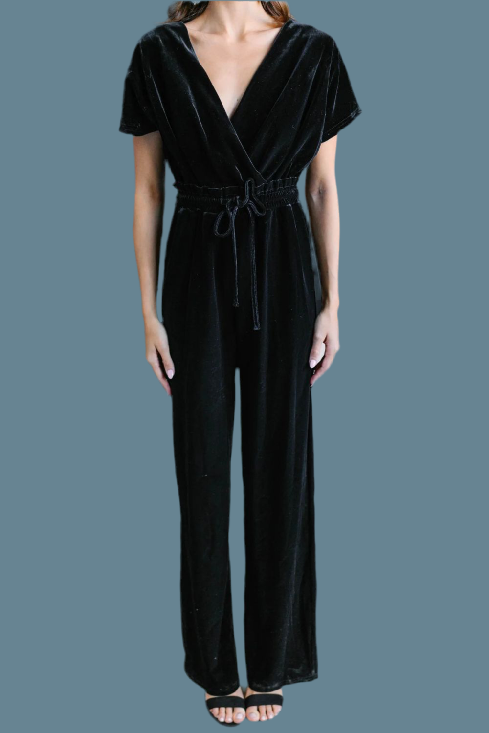 Drawstring Surplice Short Sleeve Velvet Jumpsuit