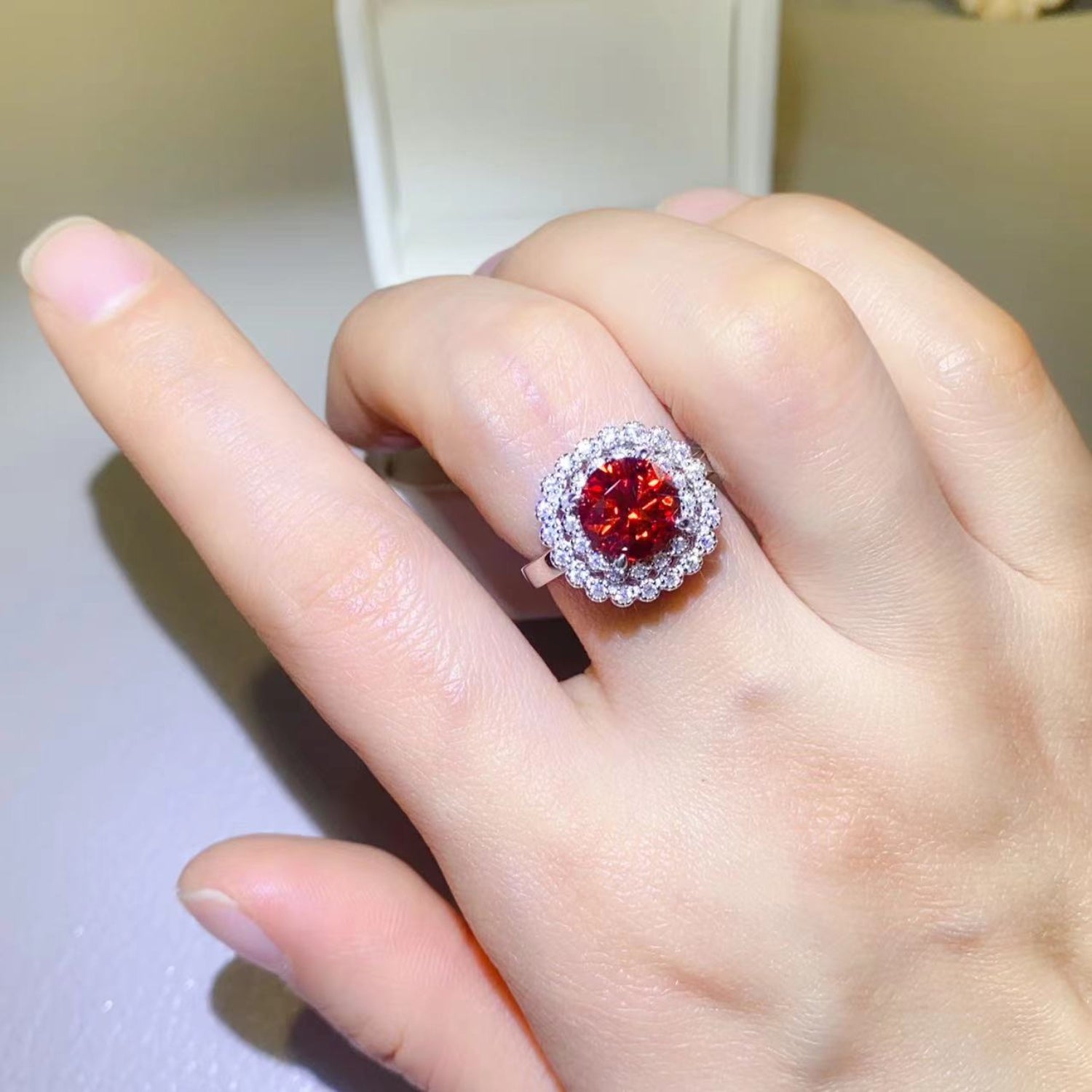 Round Red Moissanite 925 Sterling Silver Ring