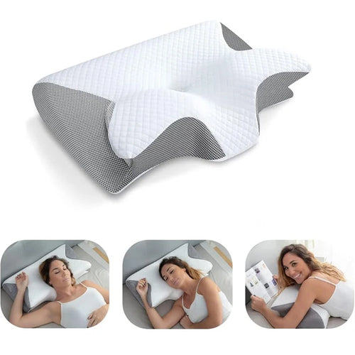 Ergonomic pillow with gray and white design, shown with people using it.