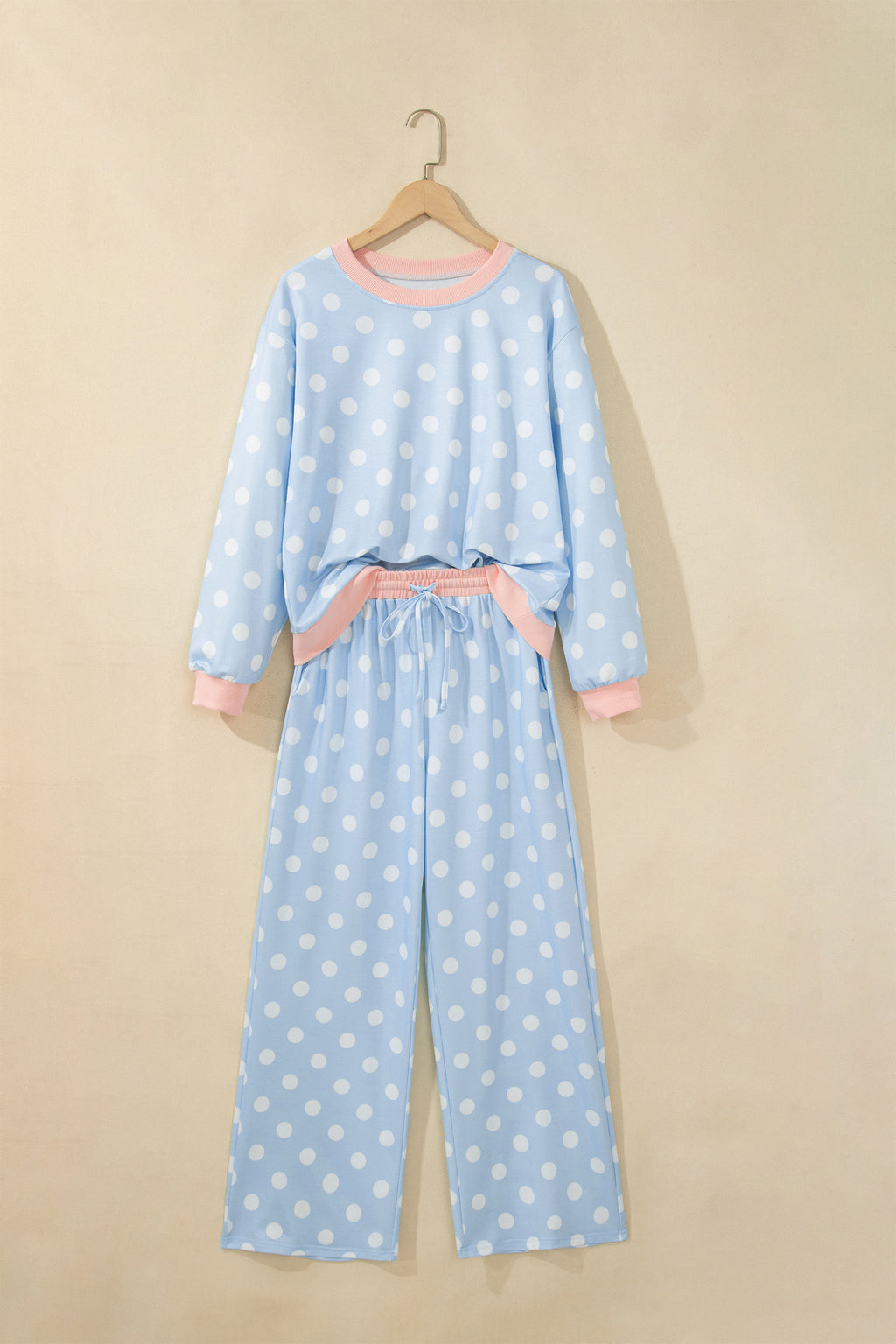 Khaki Polka Dot Contrast Trim Long Sleeve Top Drawstring Shift Pants Set