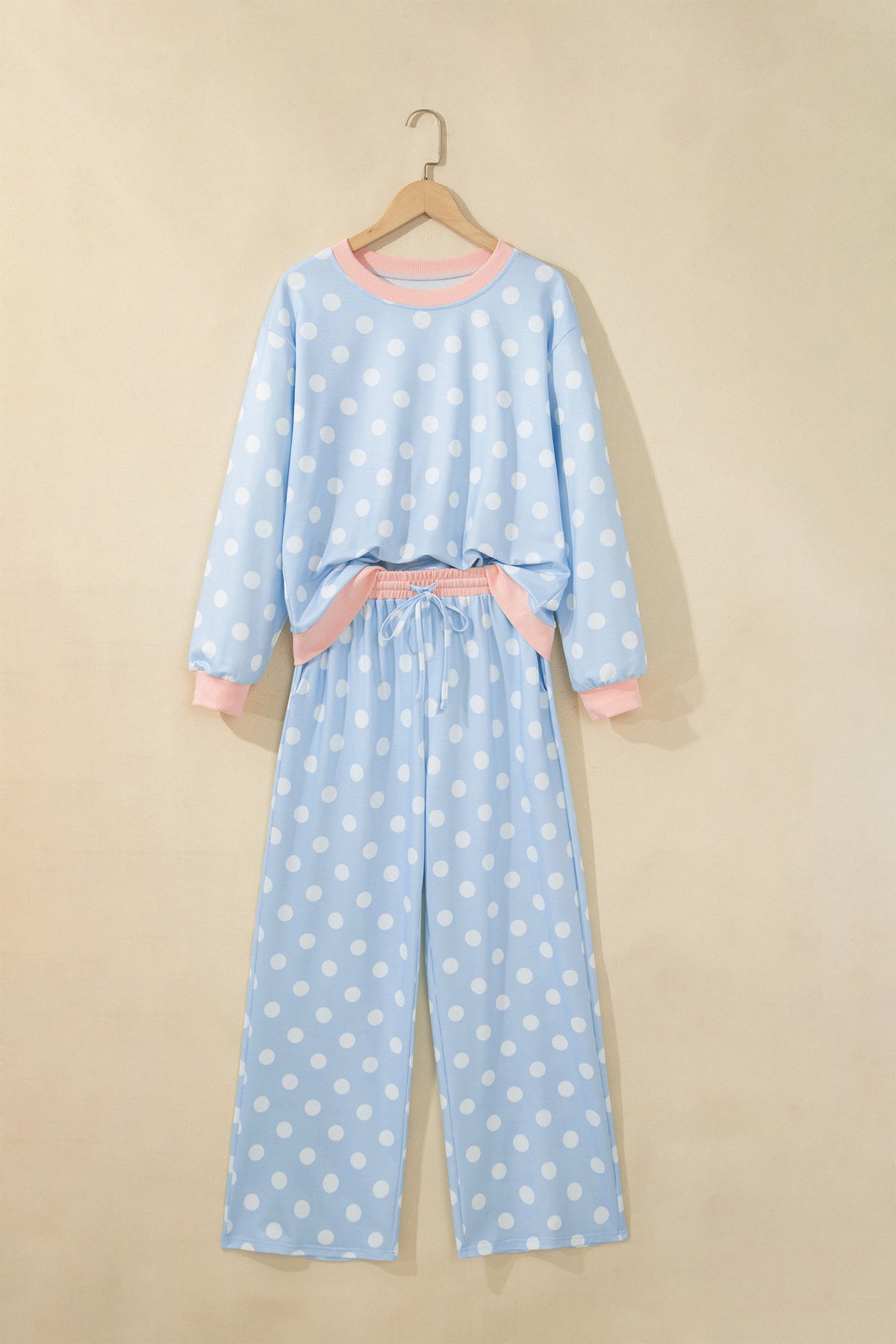 Khaki Polka Dot Contrast Trim Long Sleeve Top Drawstring Shift Pants Set