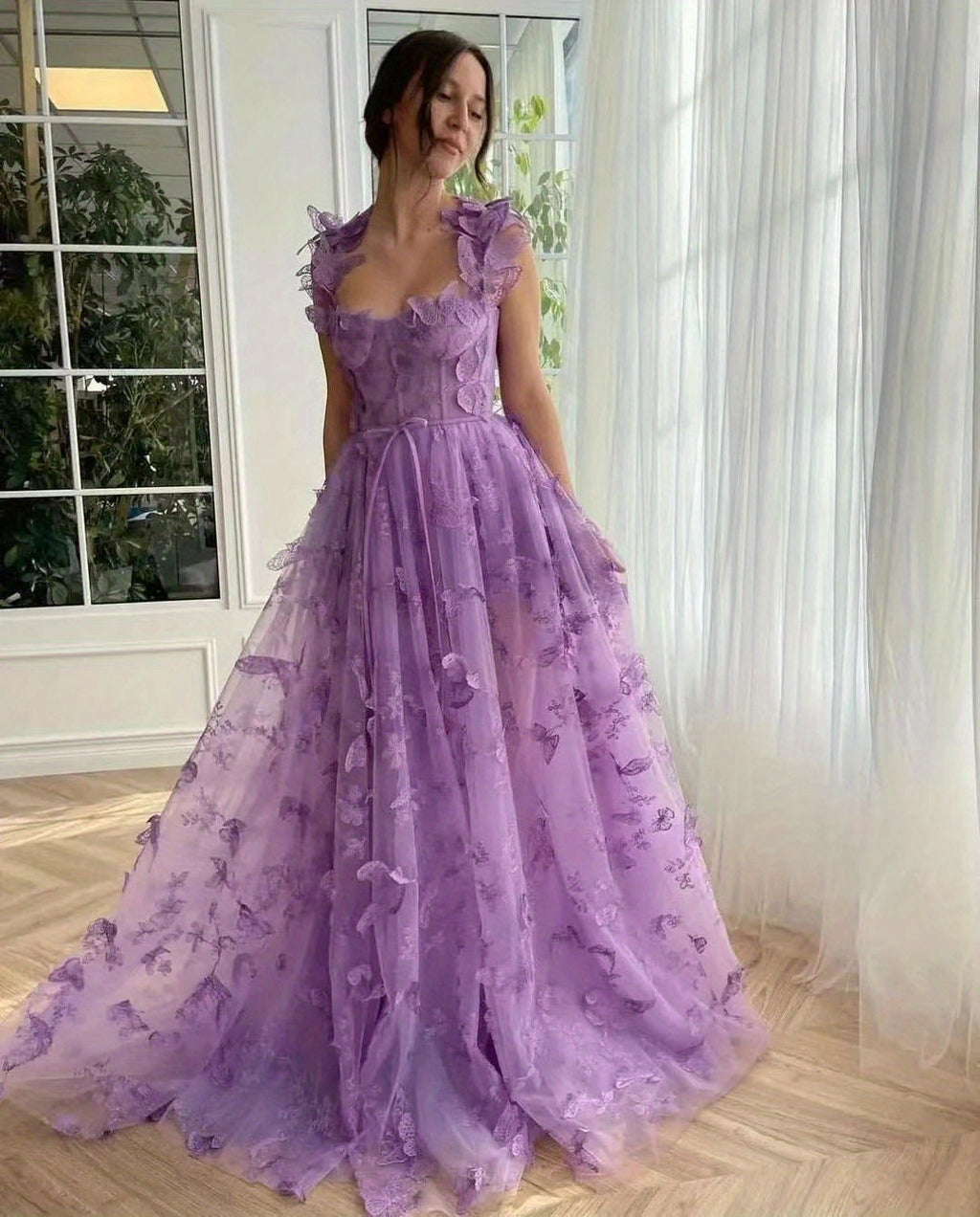 Elegant Long Sheer Flowy Floral & Butterfly Lace Gown
