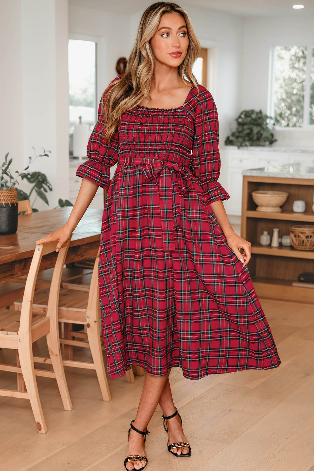 Tartan Plaid Square Neck Puff Sleeve Flared Midi Dress Bazaarre Mart Dresses/Maxi Dresses