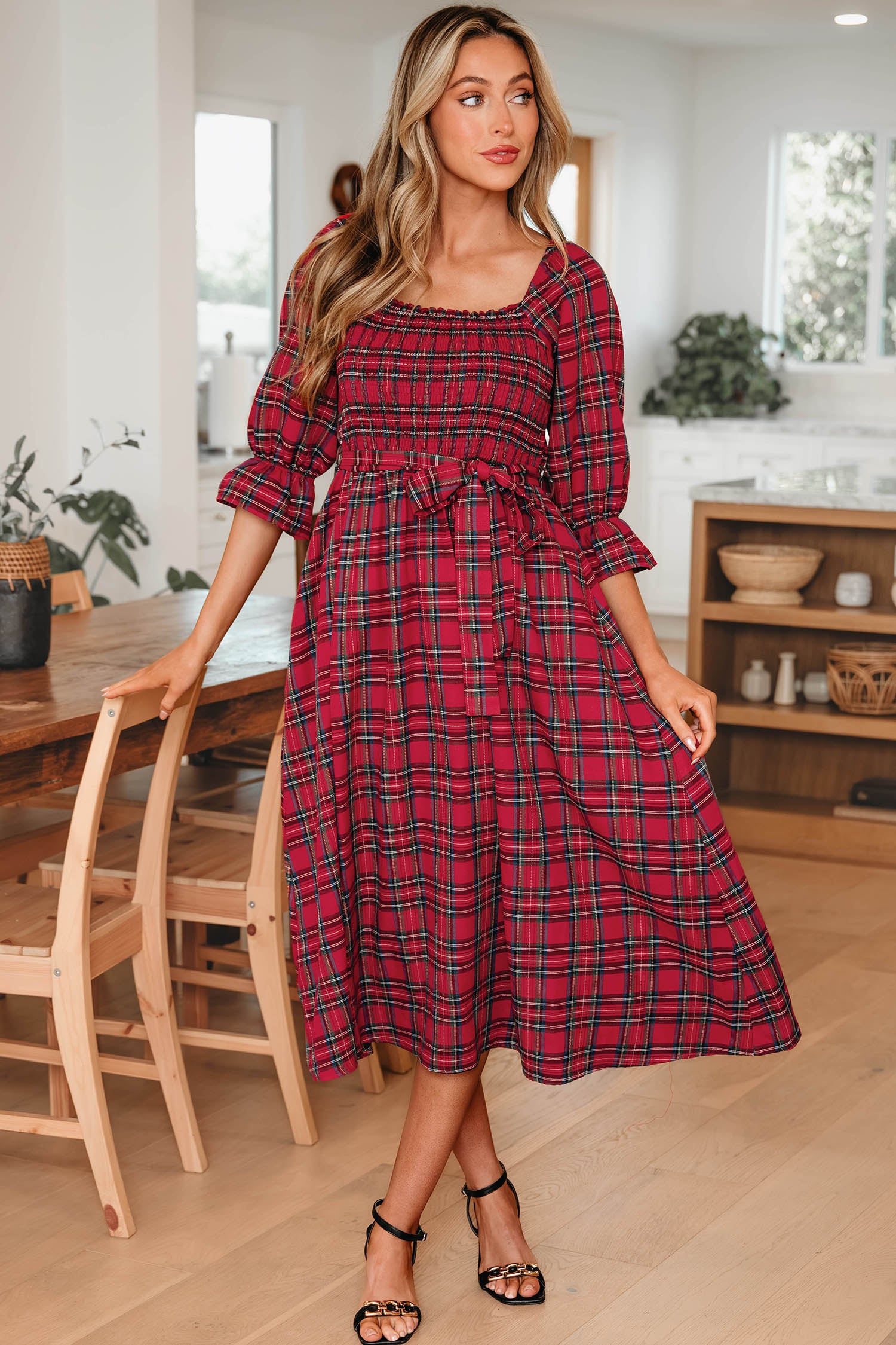 Tartan Plaid Square Neck Puff Sleeve Flared Midi Dress Bazaarre Mart Dresses/Maxi Dresses