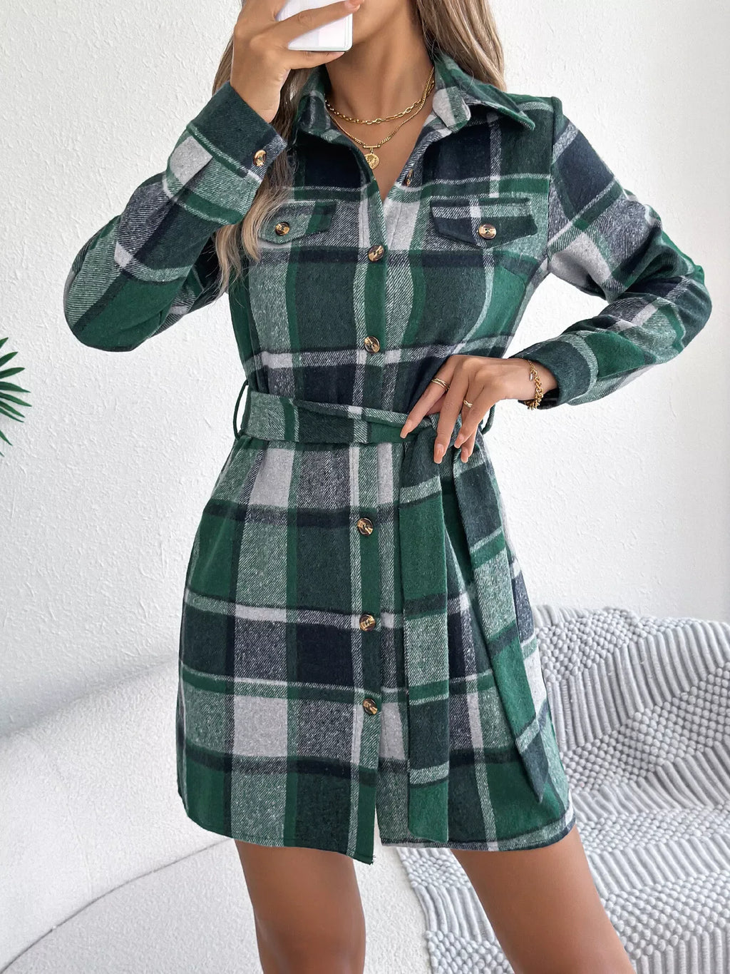 Plaid Button Front Tie Waist Mini Shirt Dress Bazaare Mart Plaid Long Sleeve Shirt Dress