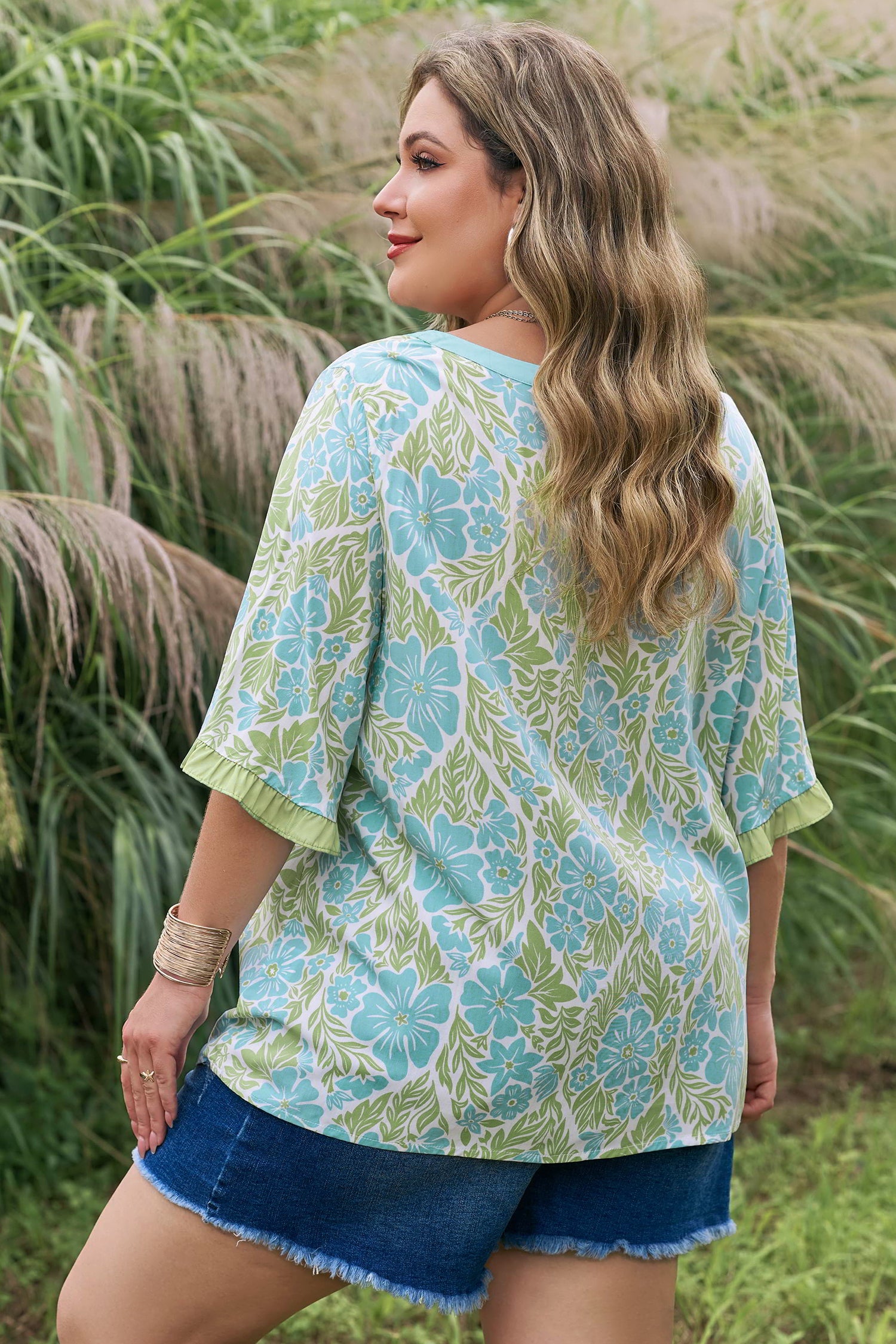 Plus Size Floral Blouse – Sky Blue Frilled Sleeve Color Block Trim Top Dear-Lover Dropshipping Plus Size/Plus Size Tops/Plus Size Blouses & Shirts