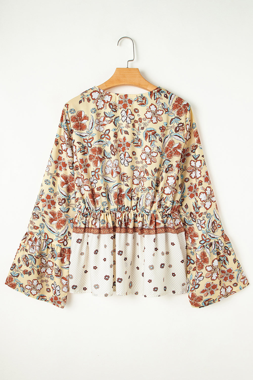 Yellow Printed Floral Bell Sleeve V Neck Peplum Blouse