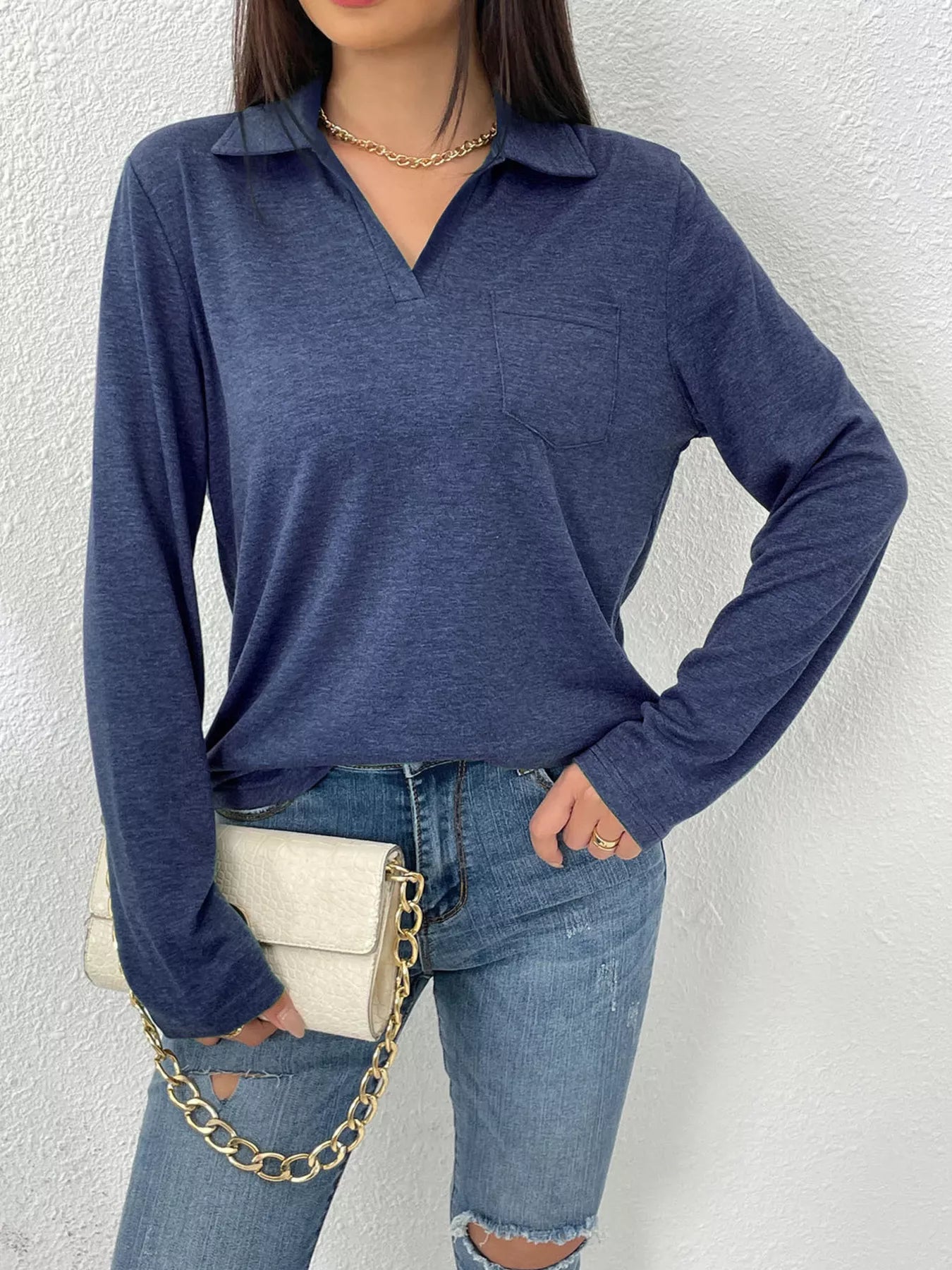 Casual Long Sleeve Polo T-Shirt Dark Blue Bazaare Mart Casual Long Sleeve Polo T-Shirt