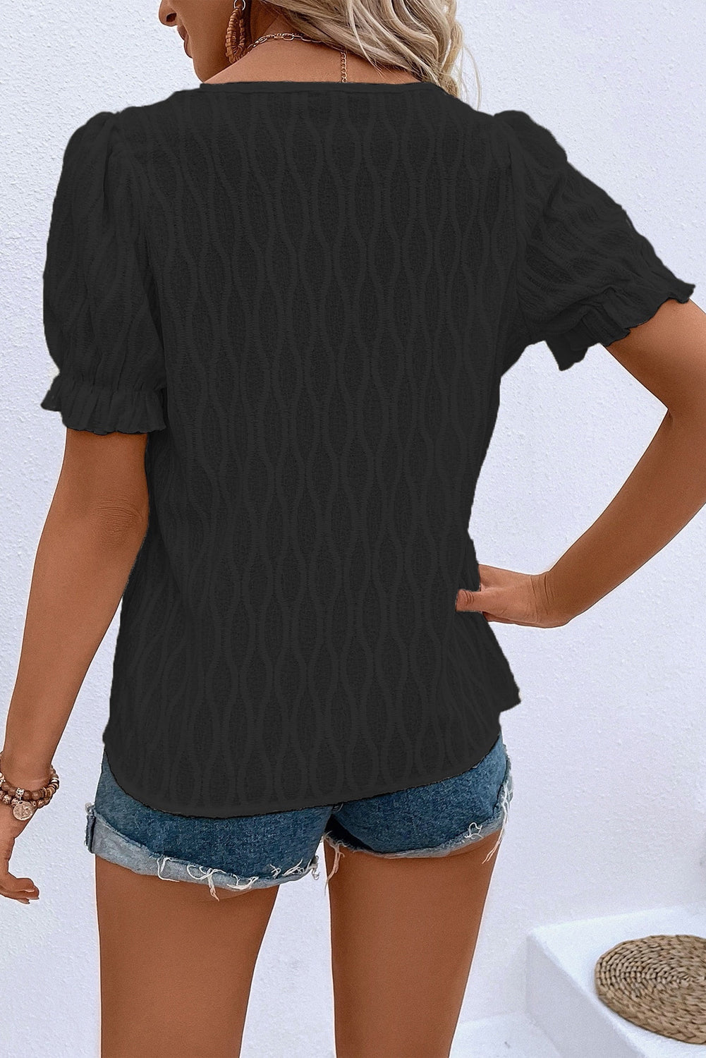 Solid Color Textured Notched Neck Puff Sleeve Blouse Bazaare Mart Tops/Blouses & Shirts