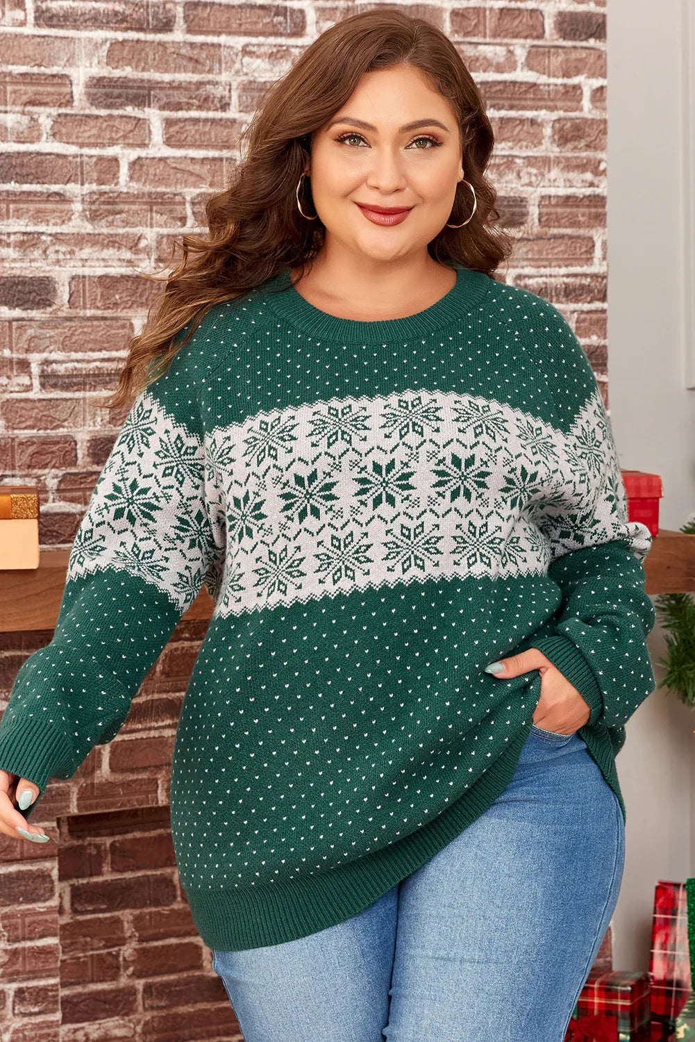 Green Snowflake Pattern Drop Shoulder Sweater Bazaare Mart Plus Size Sweaters