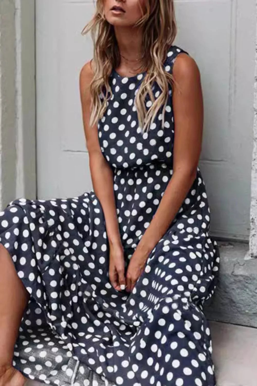 Sleeveless Polka Dot Casual Dress Navy Blue Bazaare Mart Sleeveless Polka Dot Casual Dress