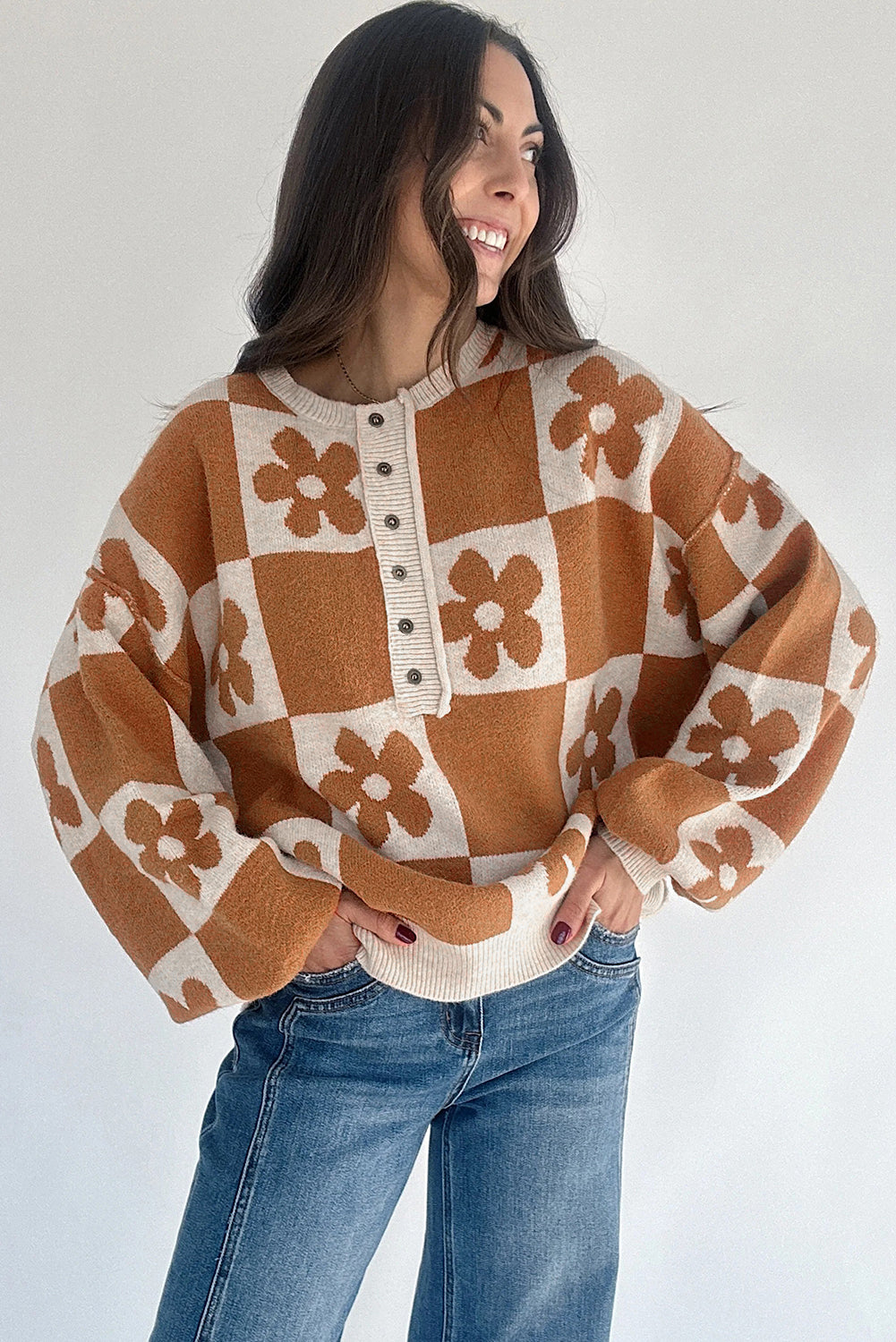 Brown Flower Colorblock Checkered Henley Sweater