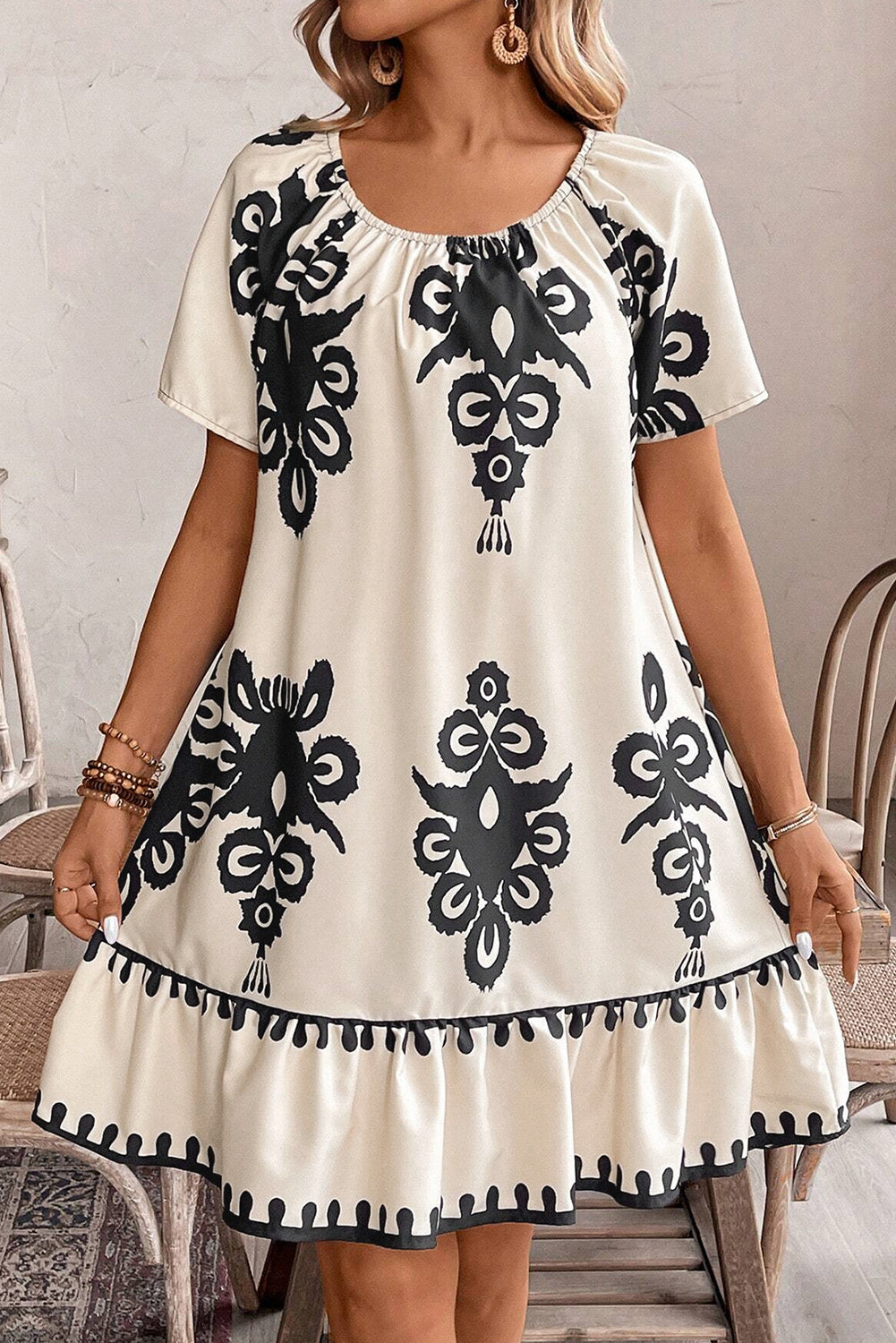 Apricot Print Ruffled Short Sleeve Loose Dress