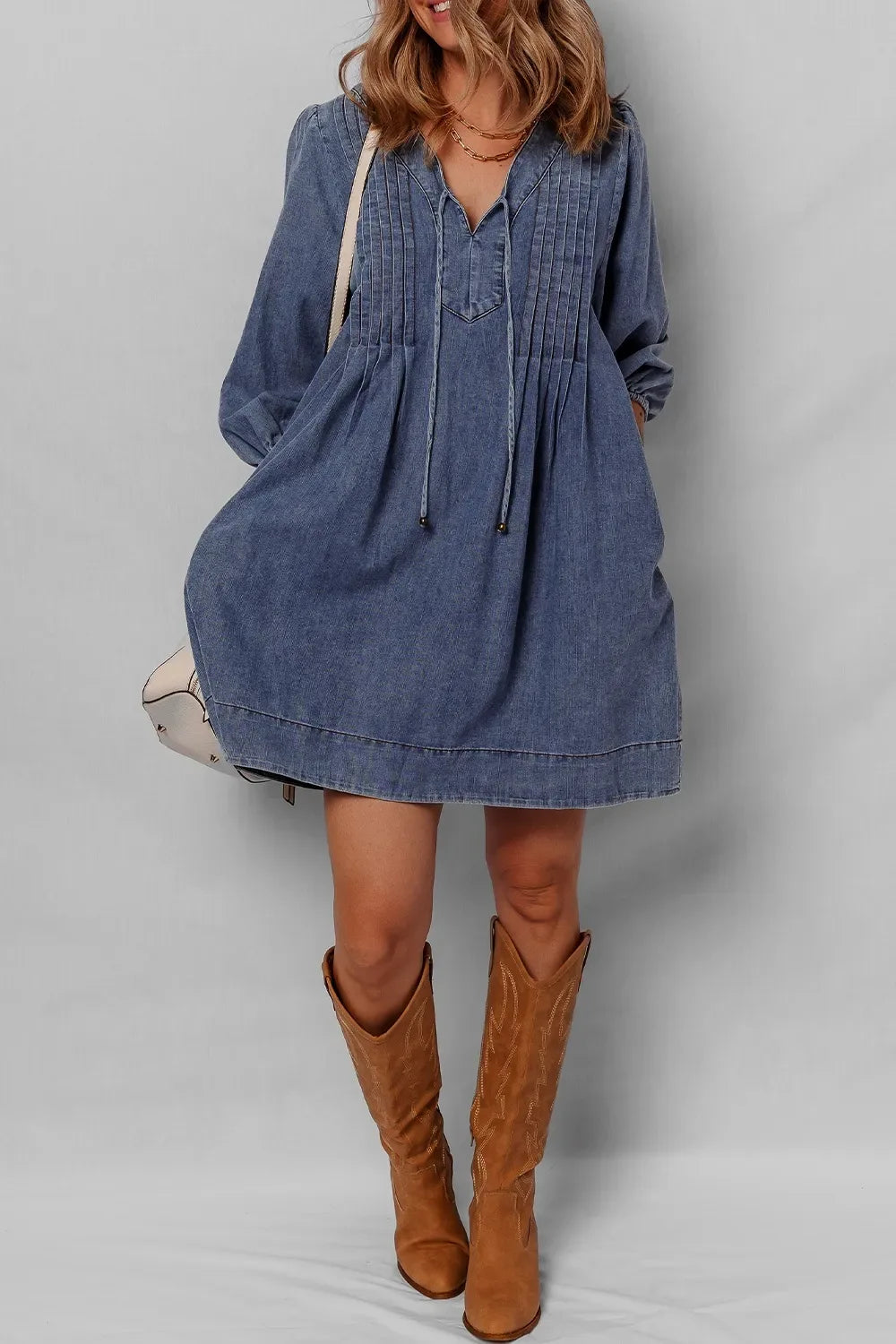 Tie Neck 3/4 Sleeve Mini Denim Dress Trendsi Denim Dress