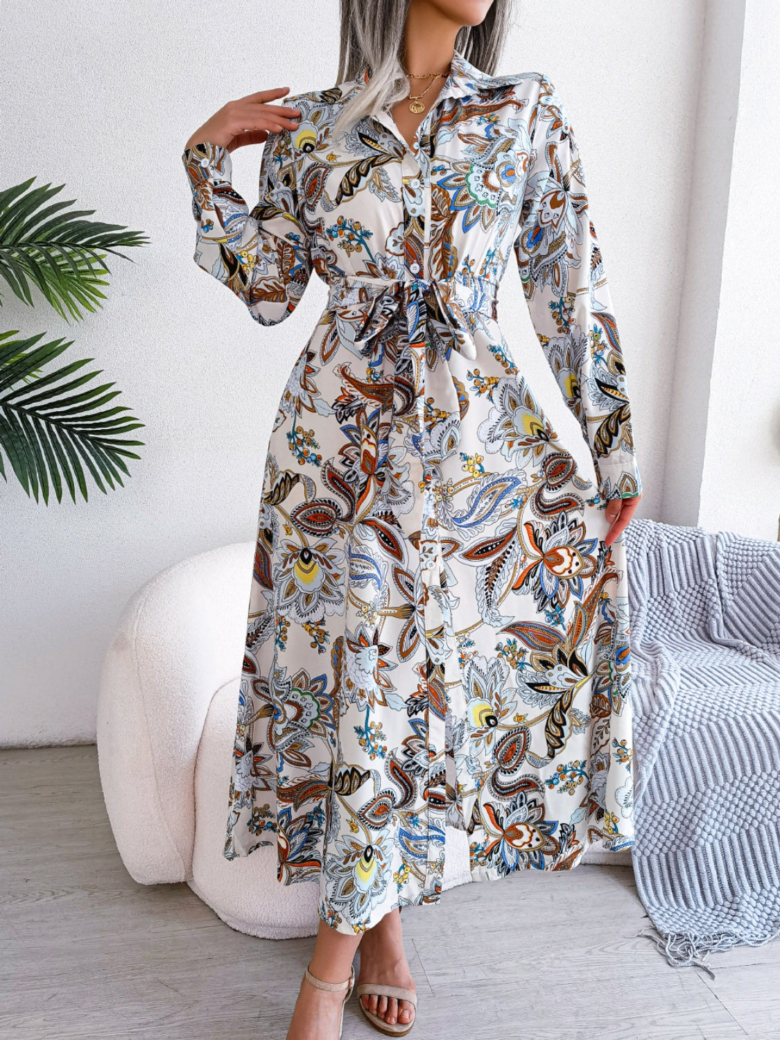 Tied Floral Long Sleeve Midi Dress