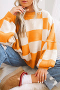 Orange Checkered Bishop Sleeve Sweater Grapefruit Orange 100%Acrylic Bazaare Mart Sweaters & Cardigans/Sweaters