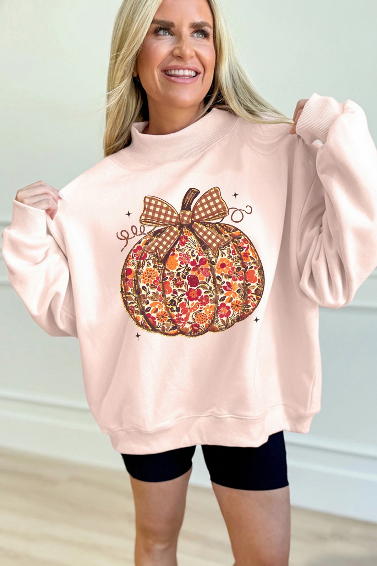 Floral Pumpkin Graphic Mock Neck Oversized Sweatshirt