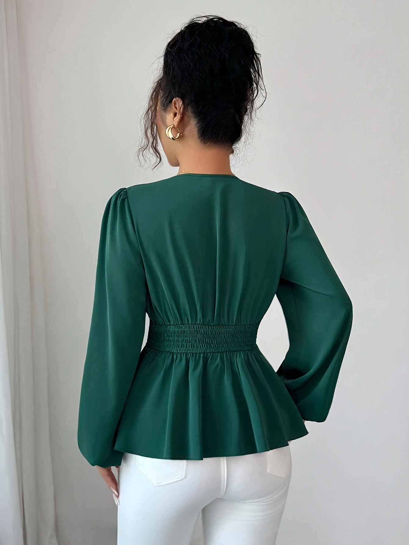 Dark Green V-Neck Long Bishop Sleeve Peplum Blouse