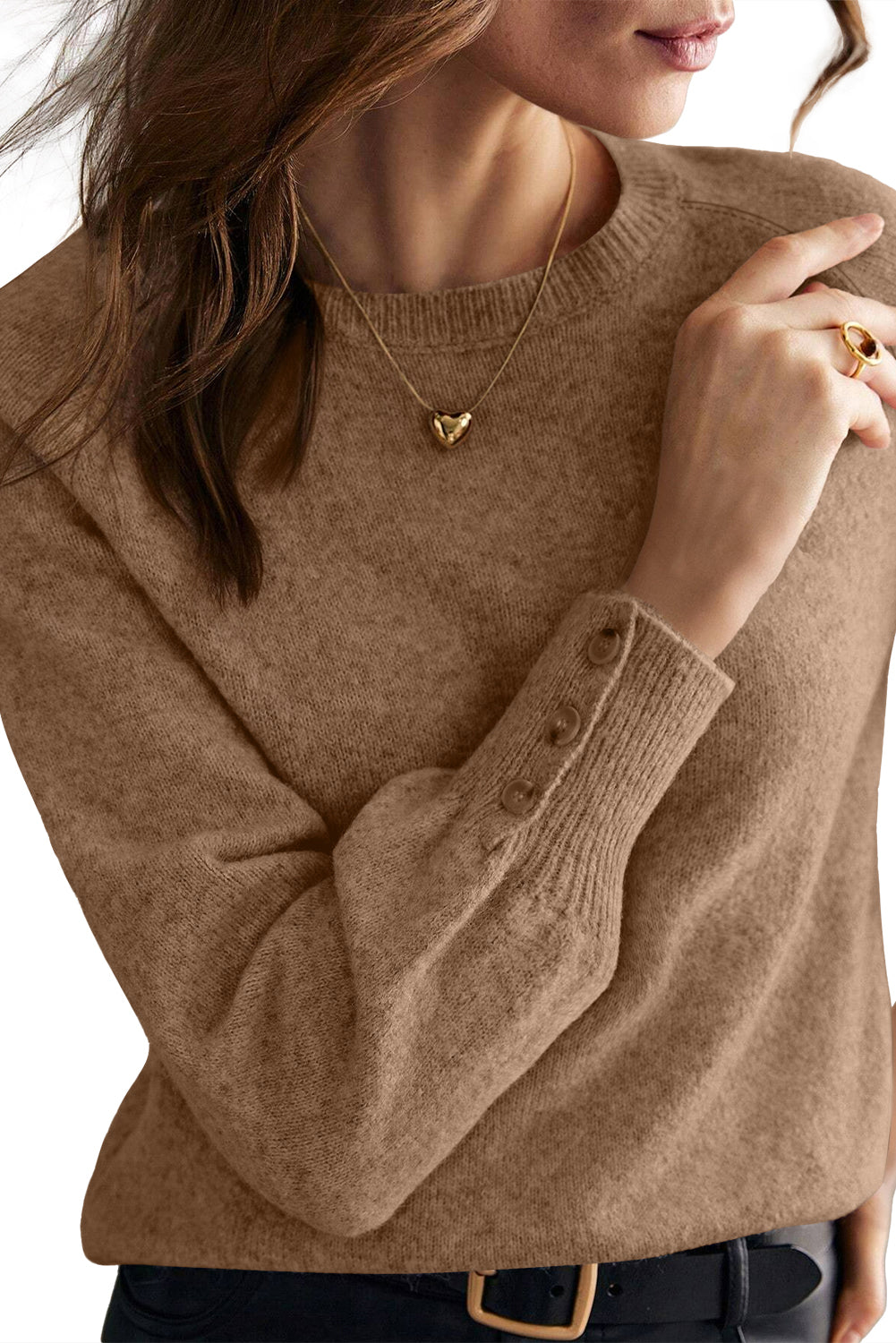 Camel Buttoned Cuffs Raglan Sleeve Knit Sweater